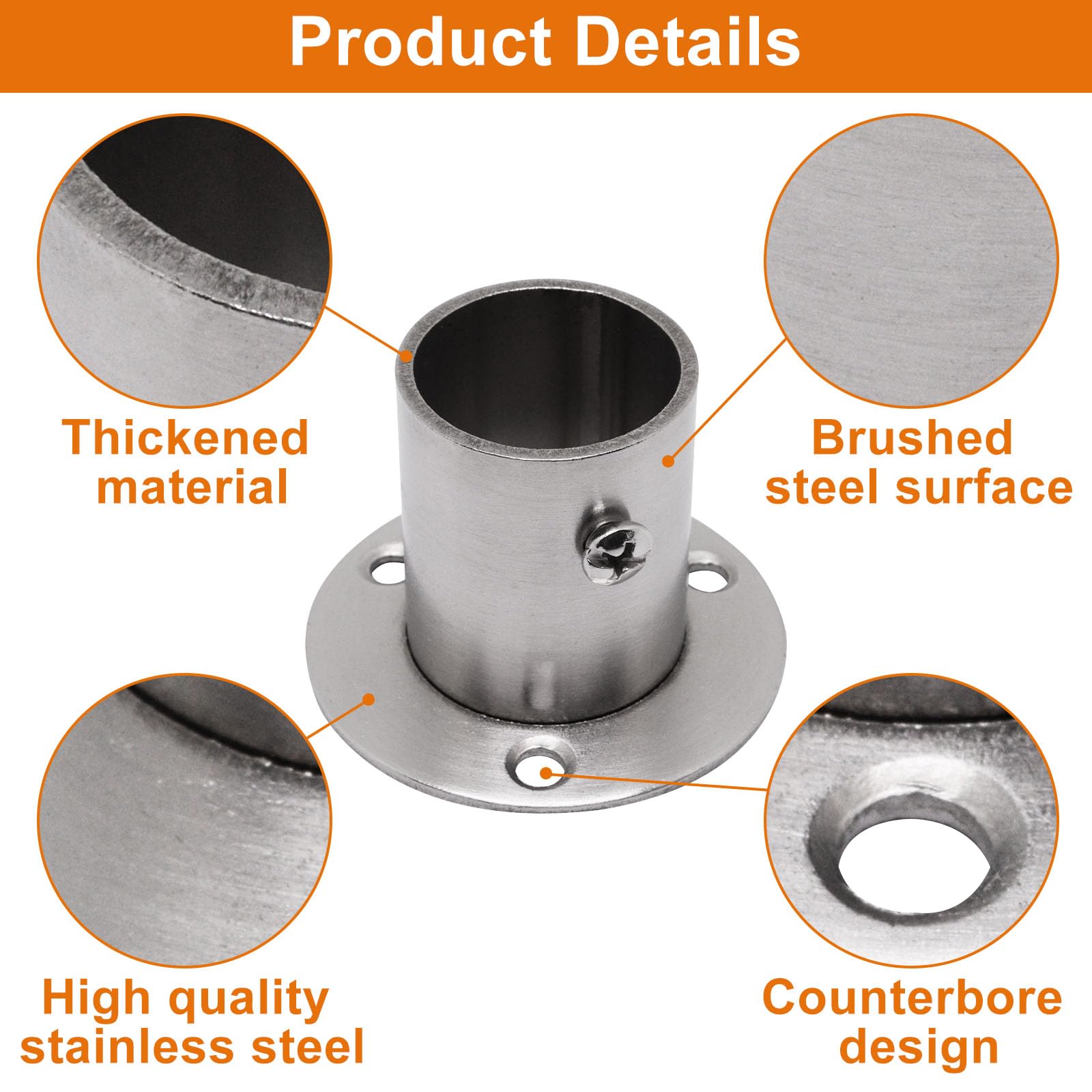 4PCS Heavy Duty Stainless Steel Closet Rod Brackets - 1-1/4 Inch High Flange O-Shaped Pole Sockets with Screws for Wardrobe, Curtain & Shower Rod Installation (Silver) - Perfect for Bedroom Closets, Walk-in Wardrobes and Bathroom Shower Curtain Hanging