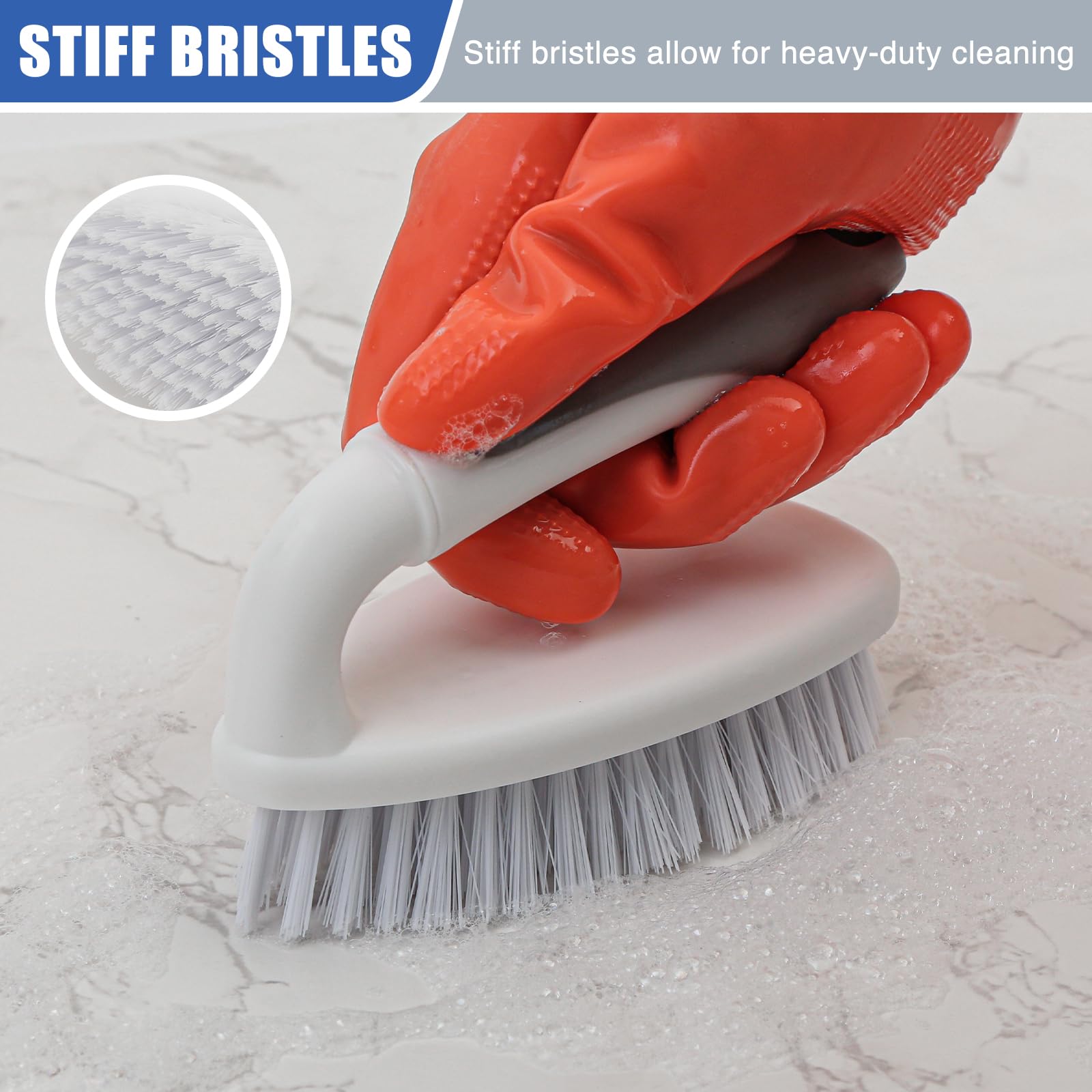 Heavy Duty Scrub Brush with Handle - Stiff Bristle Cleaning Brush for Bathtub, Shower, Kitchen Sink, Bathroom & Floor - Perfect for Deep Cleaning Grout, Tile & Tough Stains (2-Pack)