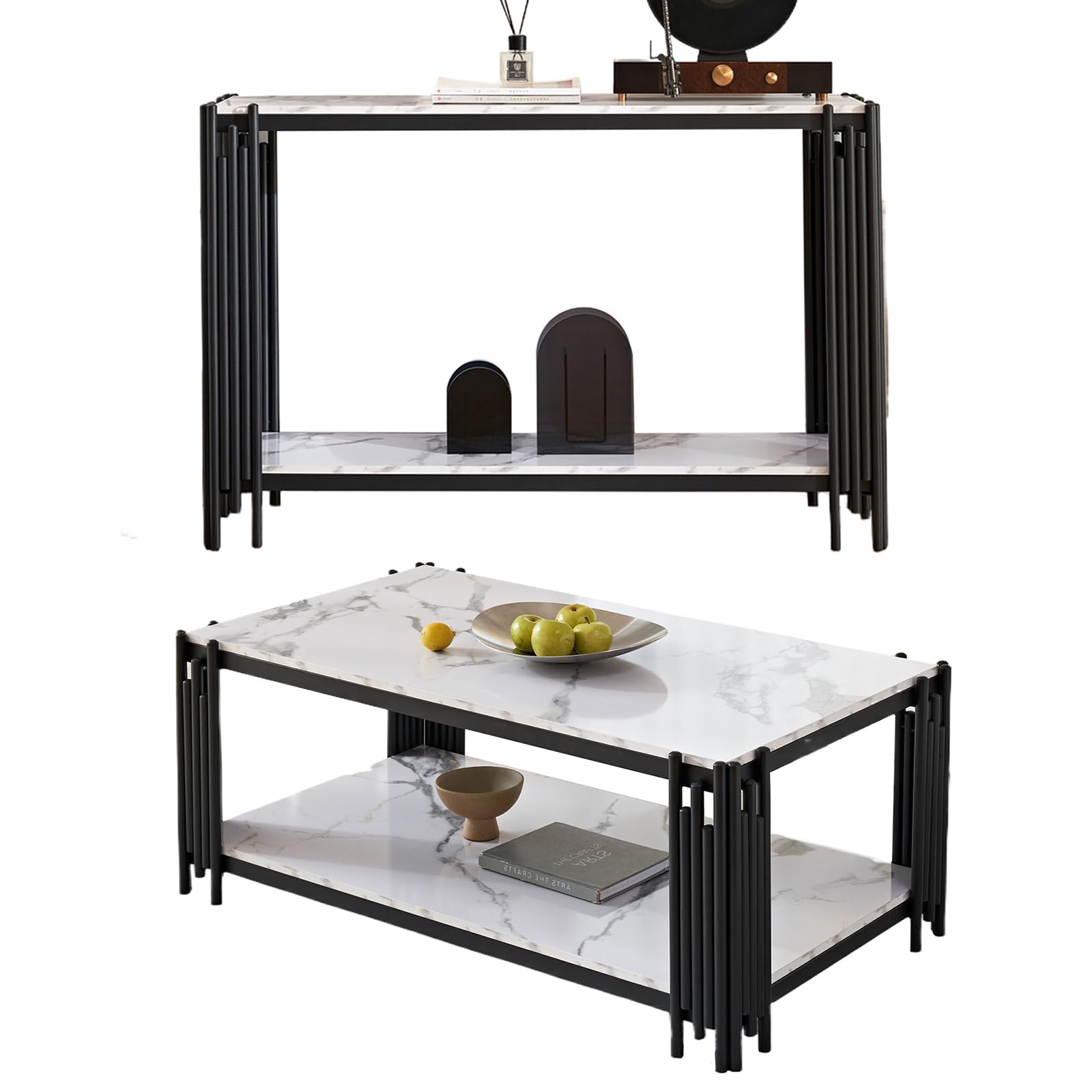 Elegant White Faux Marble Coffee Table Set with Black Metal Frame - 2 Piece Living Room Furniture (1 Rectangle Coffee Table & 1 Console Table) for Modern Home Decor, Living Room, Lounge & Office Spaces