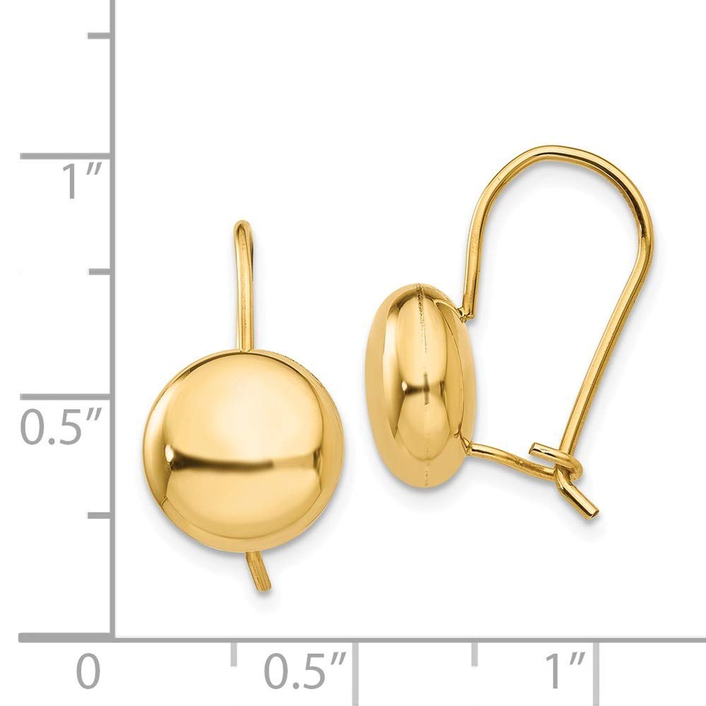 14K Yellow Gold Polished 10.5mm Button Kidney Wire Earrings for Women - Classic Dainty Hoop Earrings for Everyday Wear, Gift Giving & Special Occasions