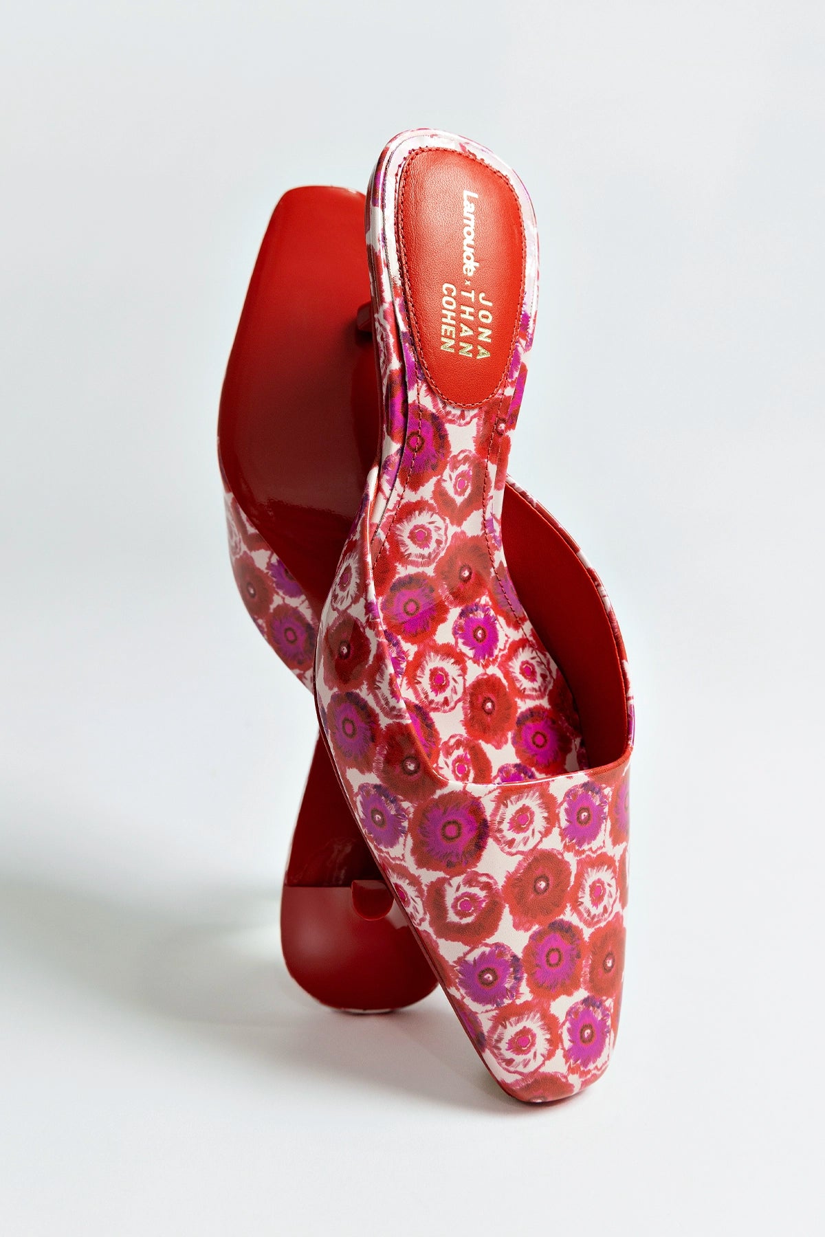 Larroudé x Jonathan Cohen Amal Mule Shoes - Red Abstract Printed Patent Leather Women's Heels | Perfect for Parties, Weddings & Special Occasions