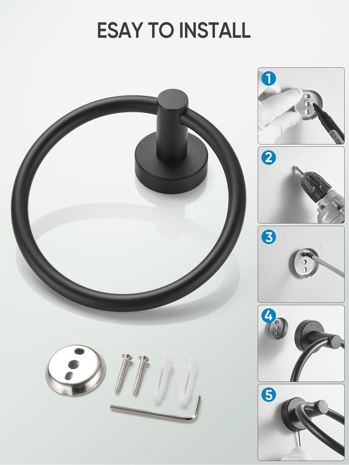 Matte Black Towel Ring - Wall Mounted Hand Towel Holder for Bathroom, Kitchen & RV - Durable Space Aluminum Round Towel Rack - Perfect for Small Spaces & Modern Home Decor