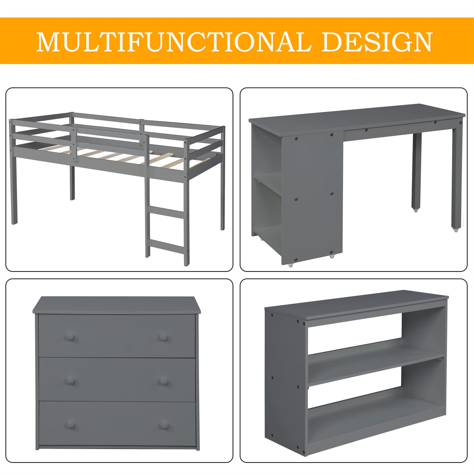 Wooden Low Loft Bed Frame with Storage Cabinet & Rolling Desk for Kids & Teens - Twin Size, Gray - Perfect for Small Bedrooms, Dorm Rooms & Kids' Spaces