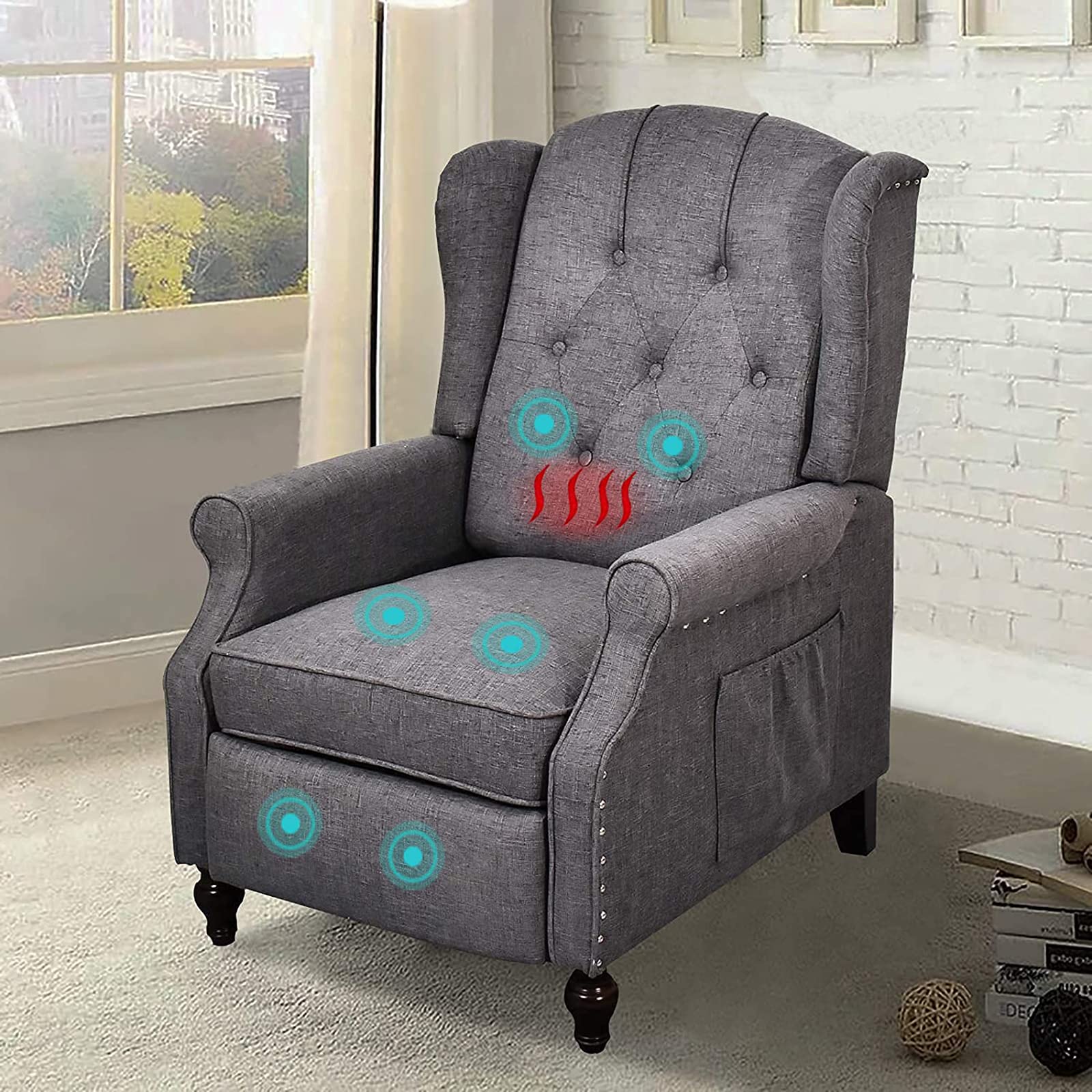 Premium Recliner Chair with Massage & Heating - Modern Tufted Wingback Accent Chair for Living Room, Reading Nook or Home Office - Mid-Century Design with Linen Upholstery & Wooden Legs (Gray) - Perfect for Relaxation, Lounging & Comfortable Seating