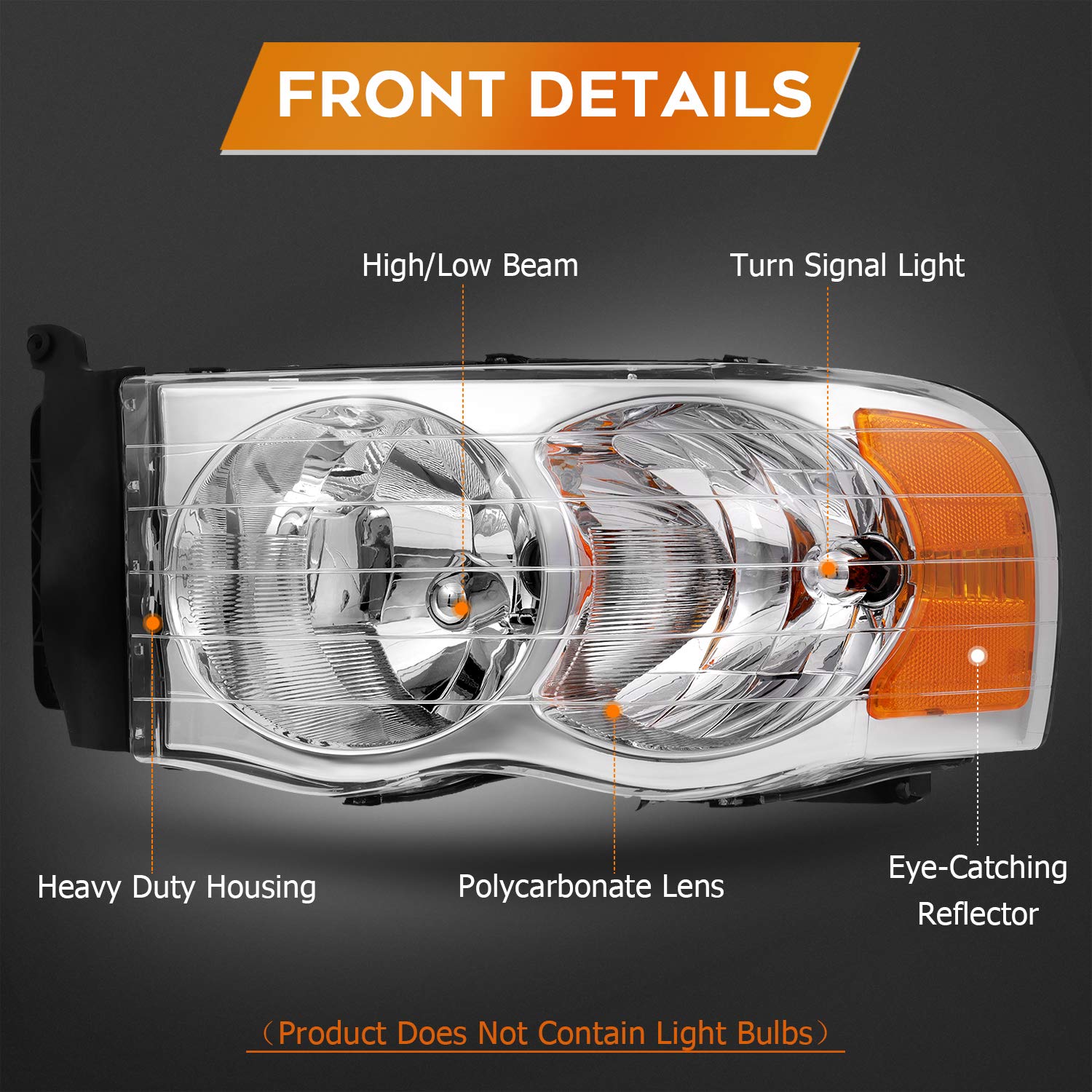 Dodge Ram 1500 2500 3500 Headlight Assembly (2002-2005) - Chrome Housing with Amber Reflector & Clear Lens - Driver & Passenger Side Replacement Headlamps for Improved Night Driving Visibility