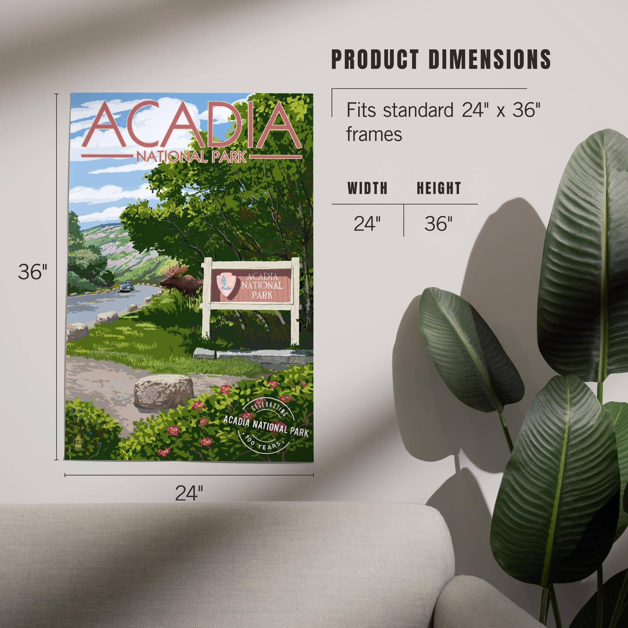 Lantern Press 24x36 Inch Giclee Art Print - Acadia National Park Wall Decor with Park Entrance Sign & Moose Design - Centennial Rubber Stamp Style - Perfect for Living Room, Bedroom or Office Decor