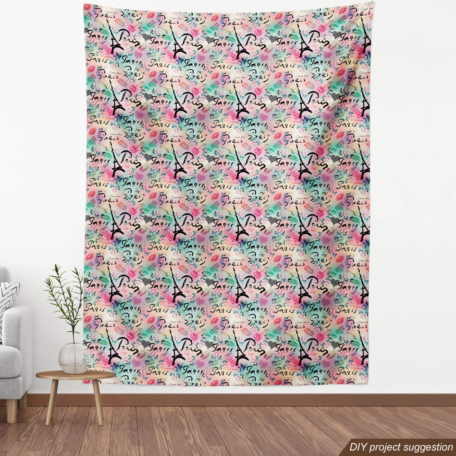 Ambesonne Paris Fabric by The Yard - French Floral Rose Checkered Hearts Romance Love Design | Decorative Upholstery Fabric for Sofa, Curtains & Home Decor | 10 Yards Soft Green | Perfect for DIY Projects, Bedroom & Living Room Makeovers