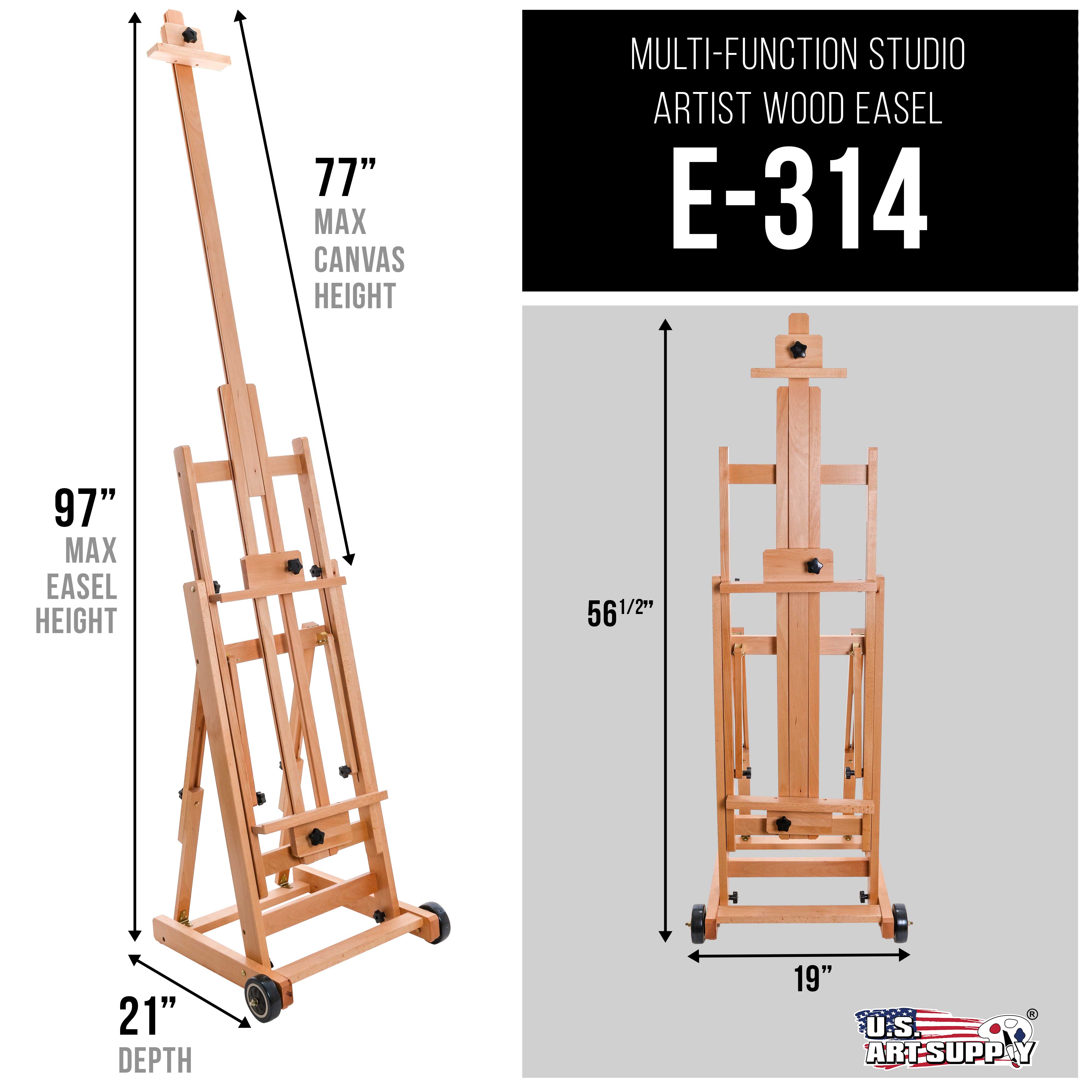 Professional Adjustable Beechwood Artist Easel - Heavy Duty H-Frame Studio Easel with Wheels, Tilts Flat & Extends to 97