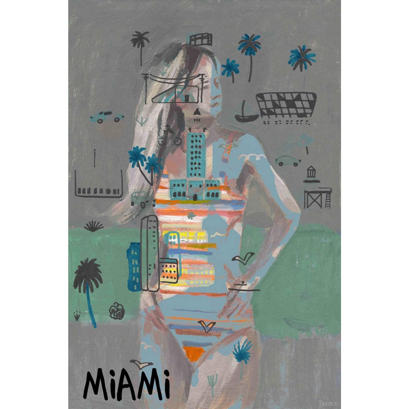 Parvez Taj Handmade Miami Beach Canvas Wall Art - 40x60 Inch Stretched Framed Print, Tropical Beach Decor for Living Room, Bedroom & Office