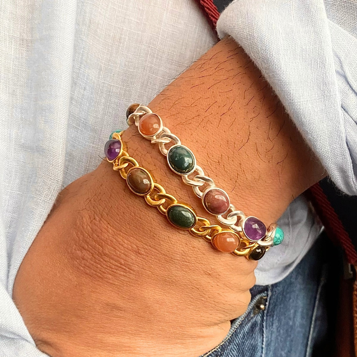 7 Gemstones Chakra Balancing Bracelet for Men - Set of 2, Natural Healing Stones for Meditation, Yoga & Spiritual Energy Balance