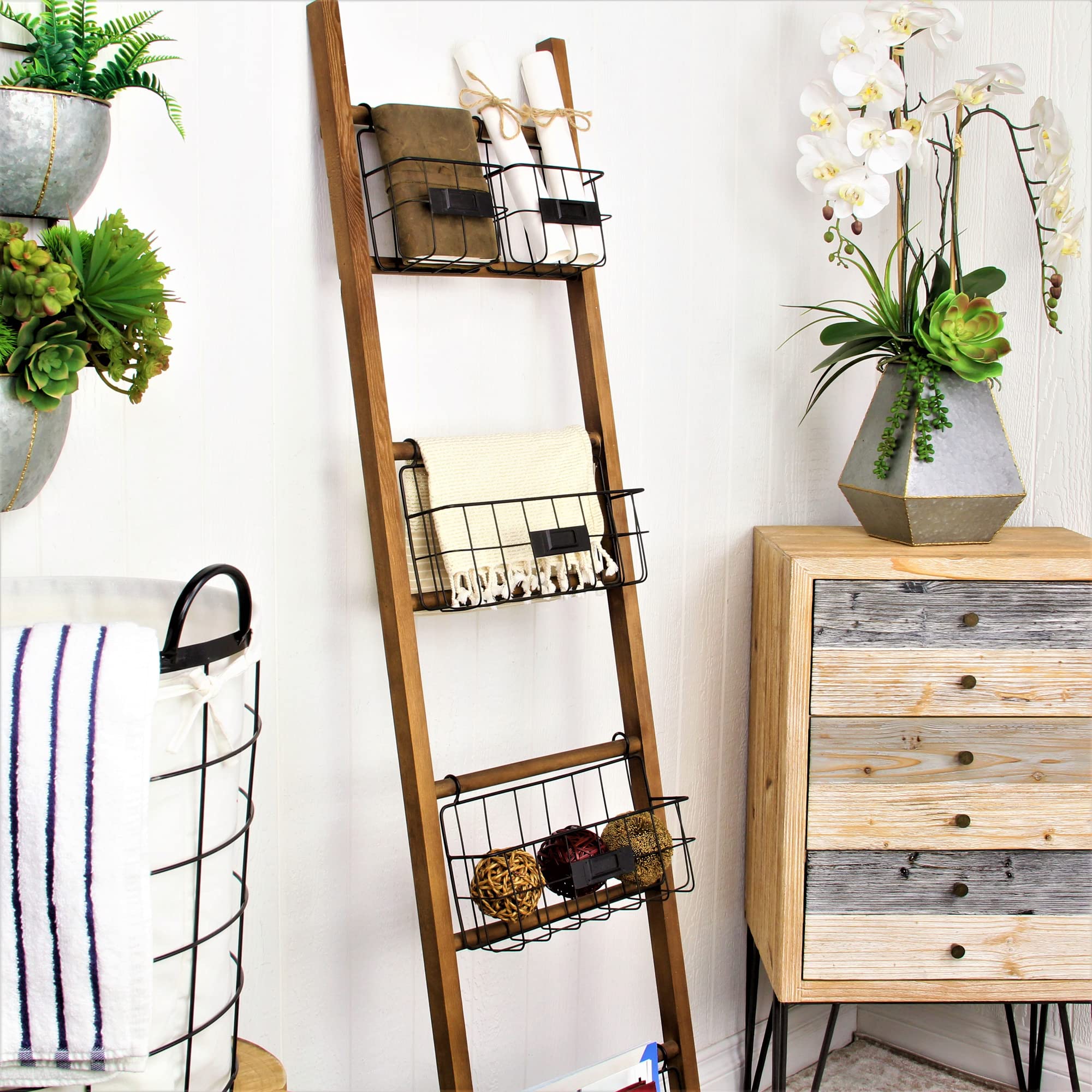 Natural Wood Storage Shelf with 5 Baskets - Decorative Ladder Shelf for Home Organization, Rustic Brown - Perfect for Bedroom, Bathroom & Living Room Storage