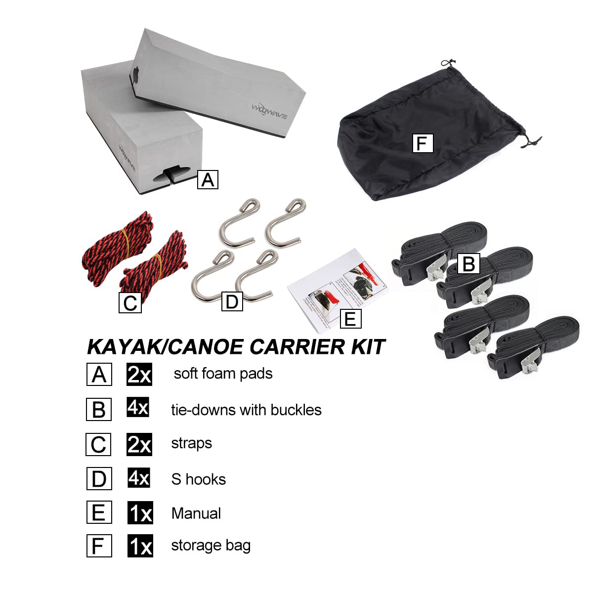 WOOWAVE Deluxe Universal Kayak Carrier Kit - Soft Foam Roof Rack Pads (12 inches) with Tie-Downs for Cars & SUVs | Perfect for Kayaking, Canoeing & Water Sports Adventures