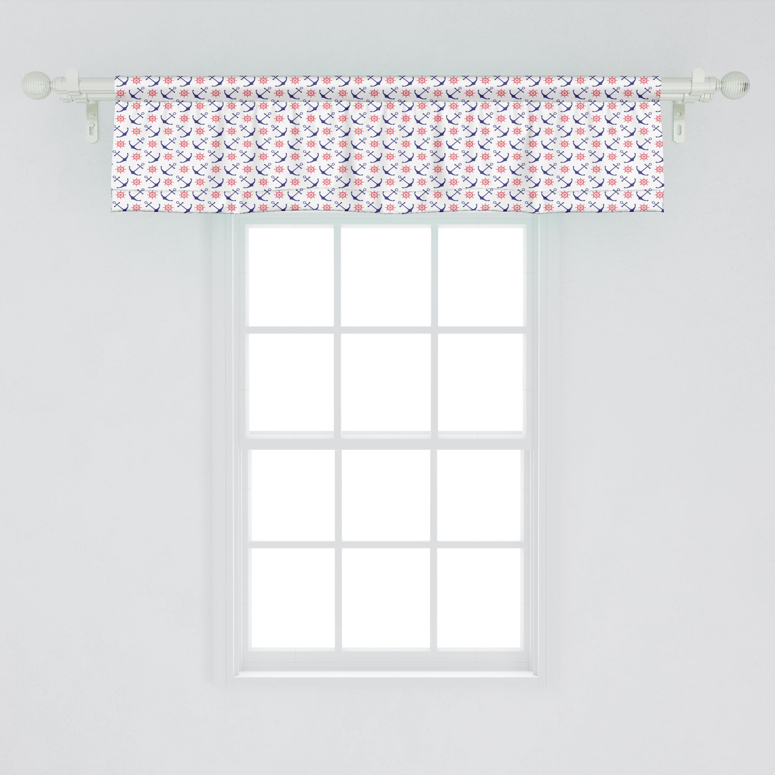 Ambesonne Nautical Anchor Window Valance - Classic Sailing Theme with Steering Wheel Design, Blue & Coral Sea Inspired Curtain Valance for Kitchen & Bedroom Decor, Rod Pocket 54x12 Inches | Perfect for Coastal, Beach House or Maritime Themed Home Decor