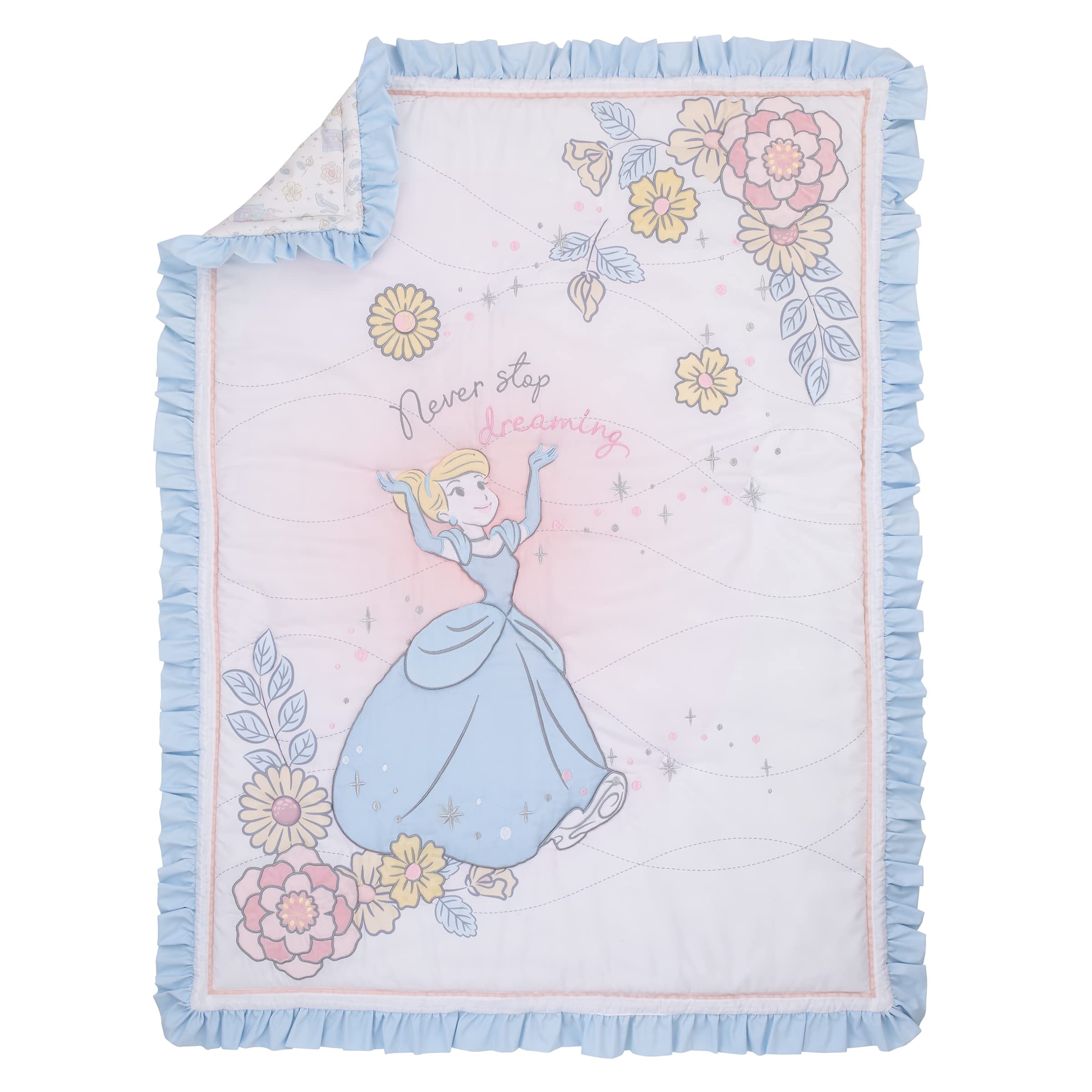 Disney Cinderella 3-Piece Nursery Crib Bedding Set - Light Blue Pink White Comforter, 100% Cotton Fitted Sheet & Crib Skirt | Sweet Princess Theme Baby Girl Room Decor for Newborns & Toddlers