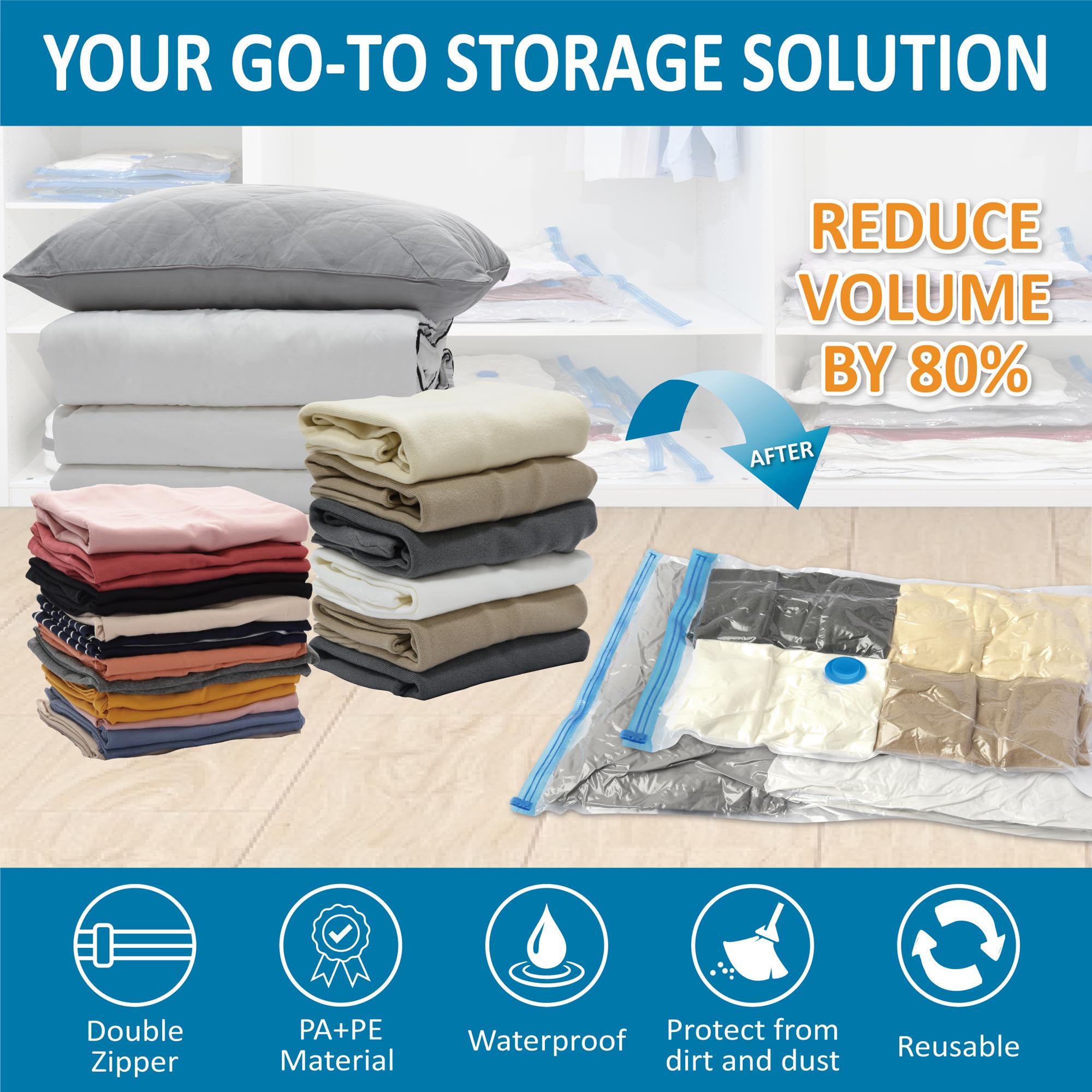 20 Pack Vacuum Storage Bags - Space Saver Bags (4 Jumbo/4 Large/4 Medium/4 Small/4 Roll) for Comforters, Blankets & Clothes Storage | Includes Hand Pump | Perfect for Travel, Seasonal Storage & Home Organization