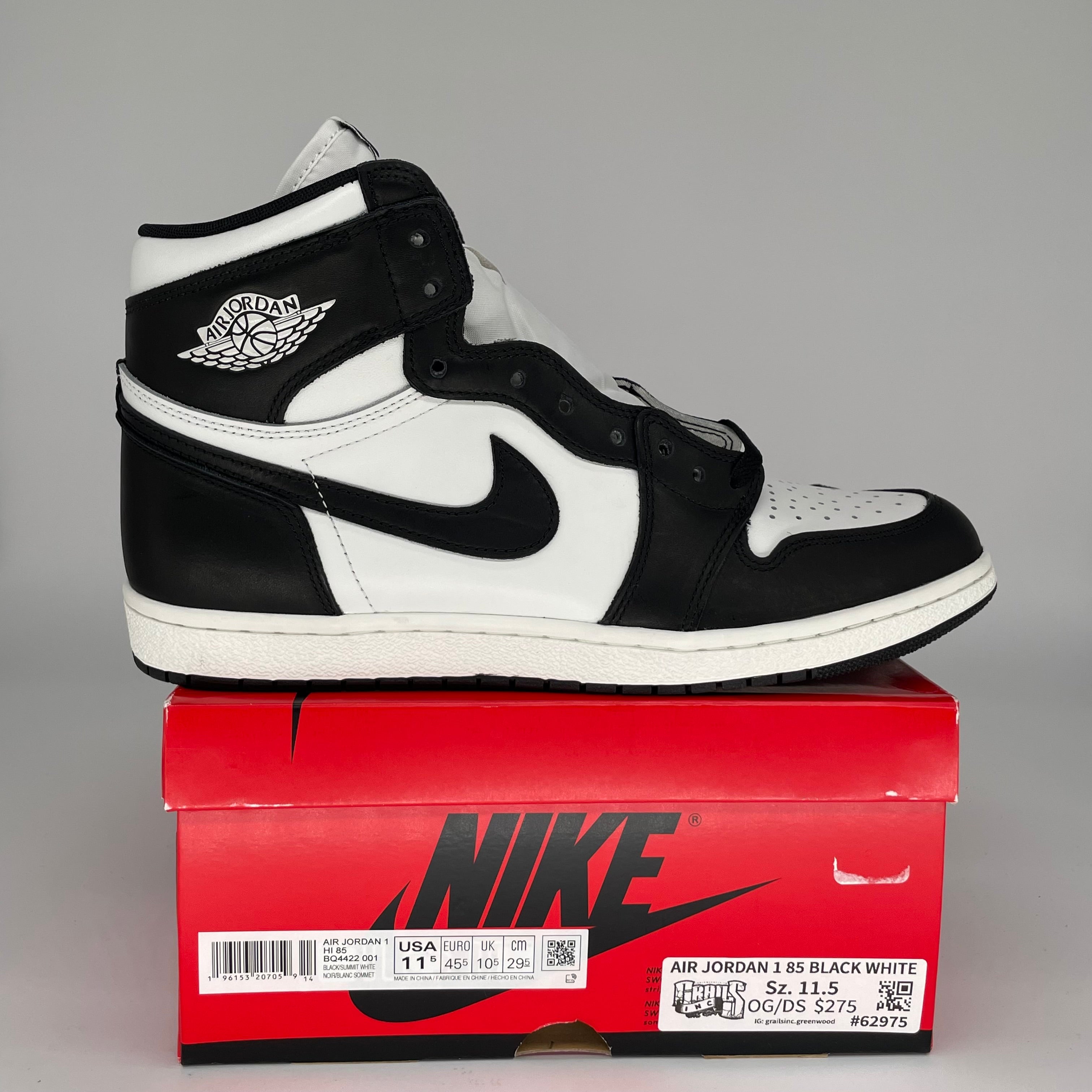 Original Air Jordan 1 '85 Black White Retro Basketball Shoes - Men's Size 11.5 (BQ4422-001) | Classic Sneakers for Streetwear, Casual & Basketball Games