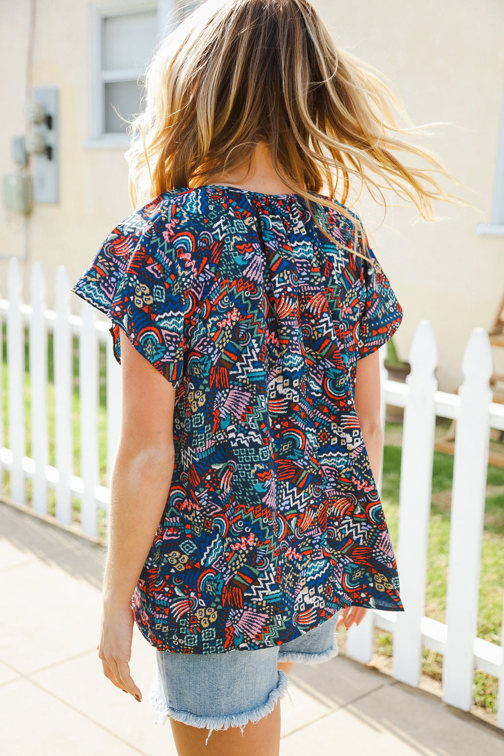 Boho Print Tie Neck Raglan Top - Navy Blue Women's Casual Blouse for Summer Outfits & Beach Vacations