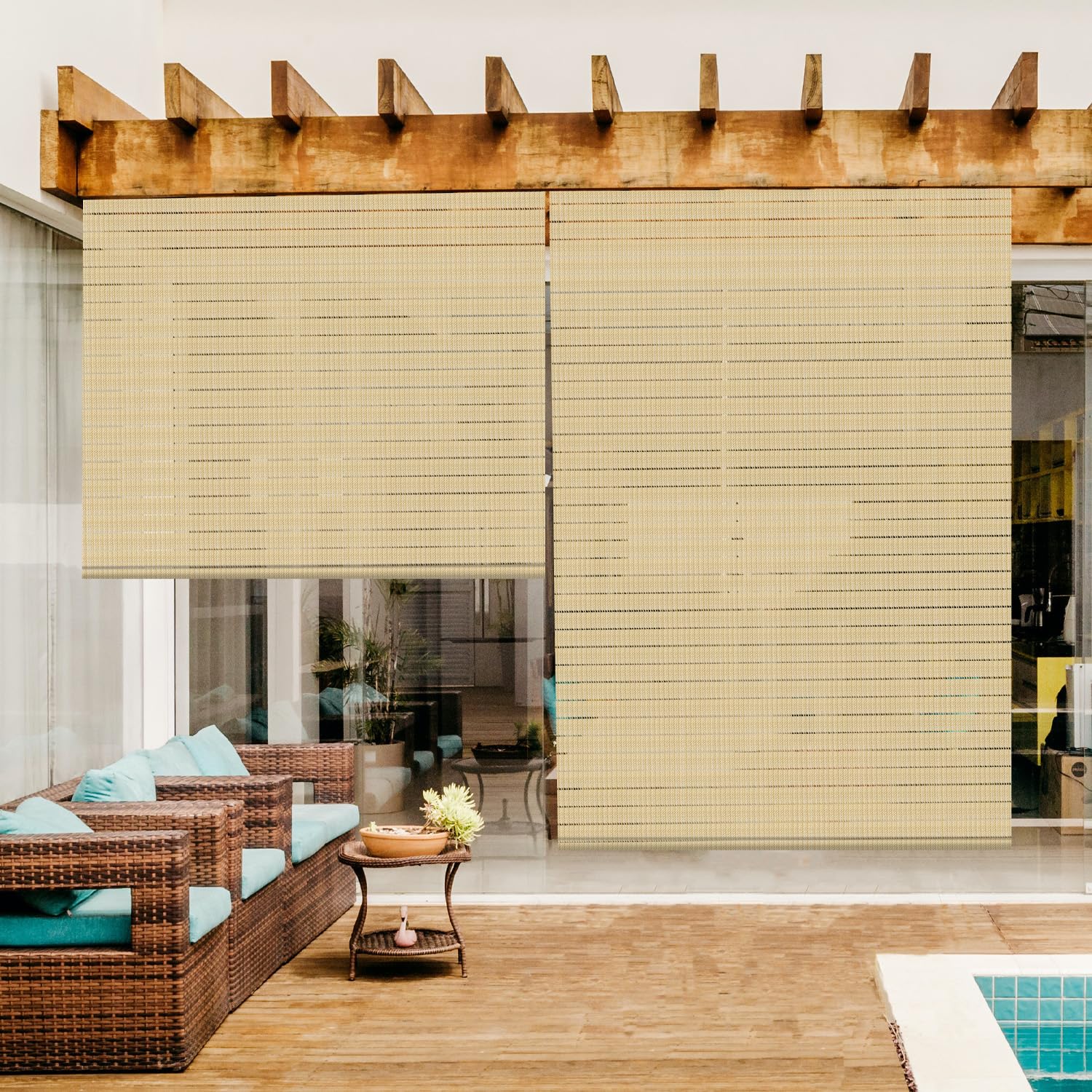 Outdoor Roller Shades 8'W x 6.5'H - Beige Hollow Out Sunshade Window Blinds for Porch, Deck, Patio, Balcony & Pergola - UV Protection & Privacy Screen - Perfect for Backyard, Gazebo and Outdoor Living Spaces
