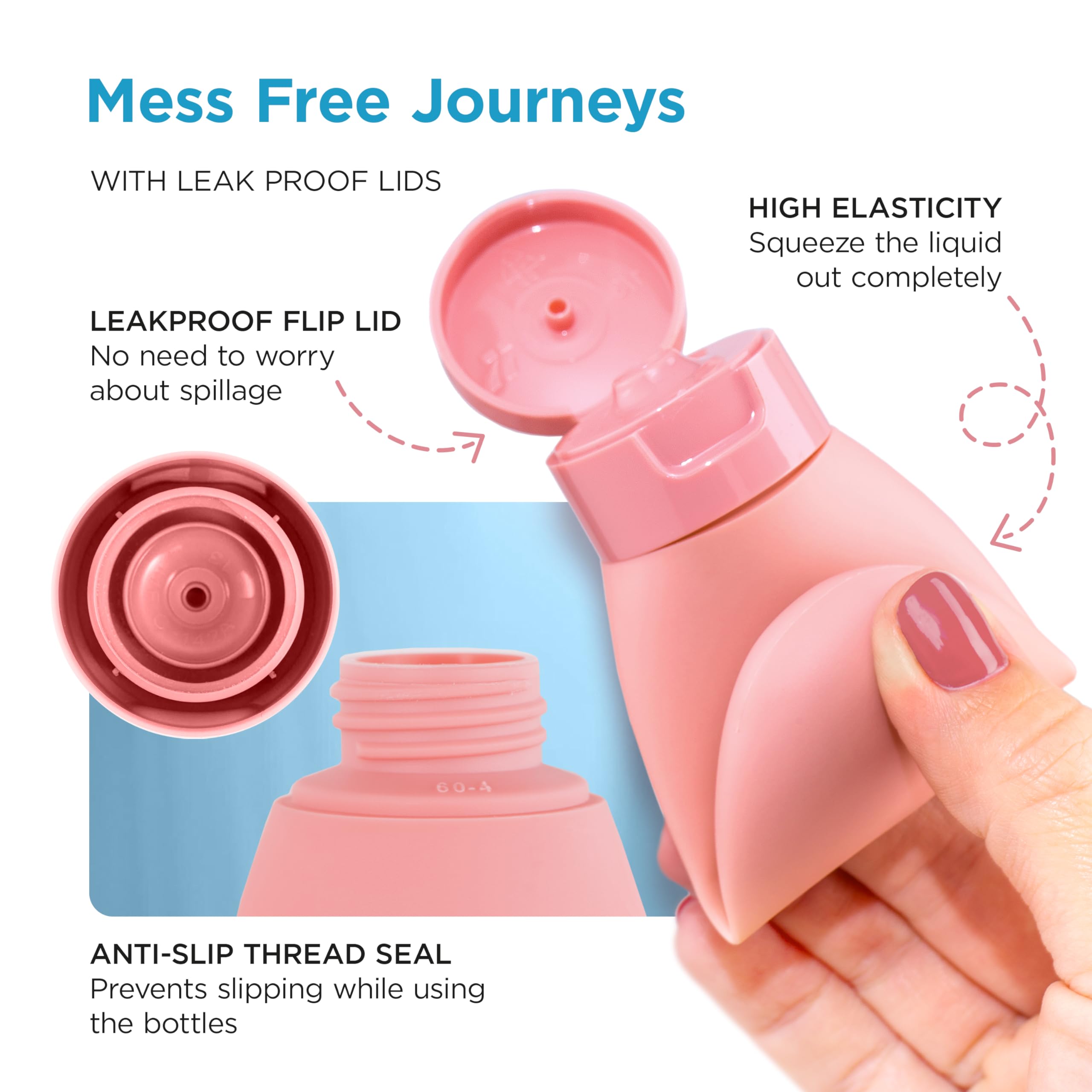Premium 60ml Travel Bottles for Toiletries - 4 Pack Leak Proof & TSA Approved Refillable Squeeze Containers | Perfect for Air Travel, Gym, Camping & Daily Essentials