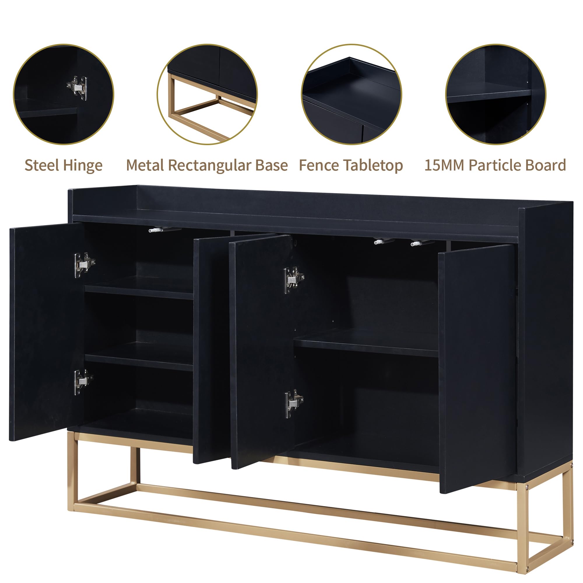Modern Sideboard Buffet Cabinet with Storage Doors - Wooden Storage Cabinet with Adjustable Shelves & Sturdy Metal Base, Black - Perfect for Dining Room, Living Room, or Entryway Organization