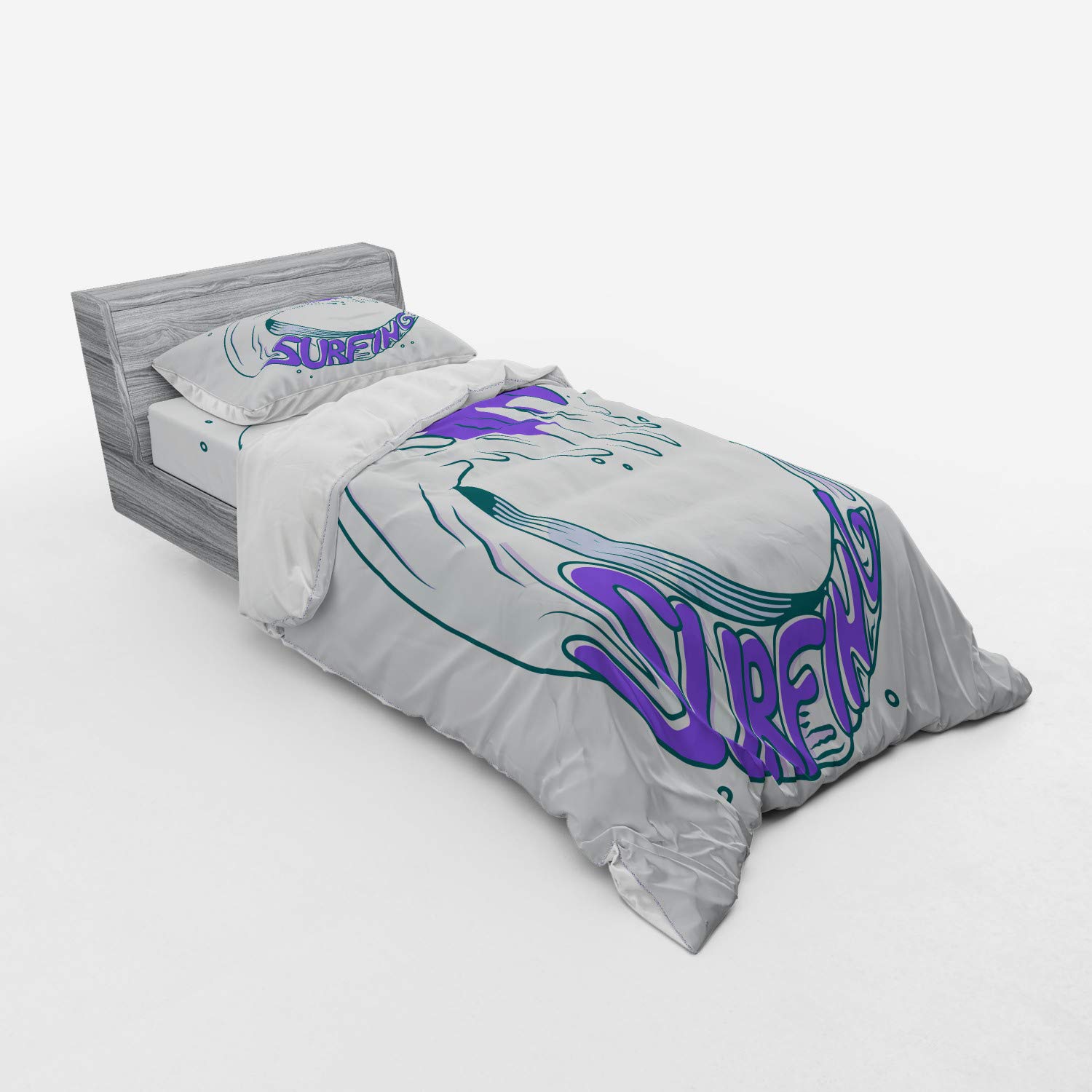 Ambesonne Beach Duvet Cover Set - Surfing Typography with Giant Ocean Waves Design, 3-Piece Twin XL Bedding Set with Pillow Sham & Fitted Sheet, Dark Peach Sea Blue Ivory Dark Fuchsia - Perfect for Summer Beach House Decor, Coastal Bedroom Theme, and Surf Lover's Retreat