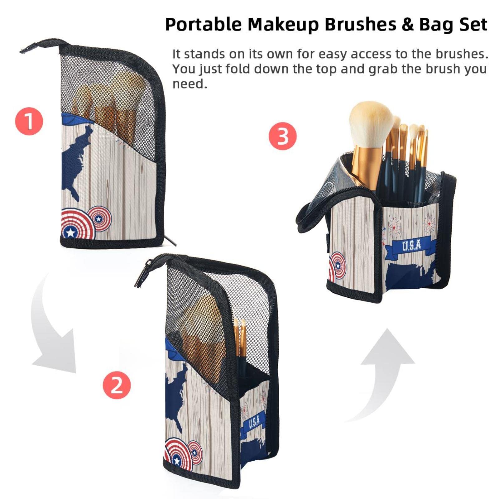 12-Piece Makeup Brush Organizer Bag with Wooden American Map Design - Portable Cosmetic Brush Holder Case for Travel, Home & Professional Use