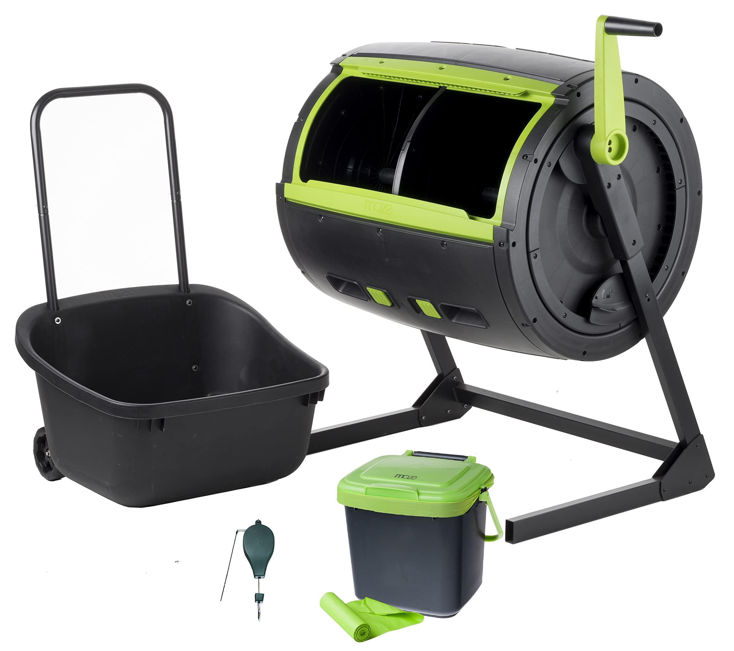 65 Gallon Two-Stage Compost Tumbler with Large Double Doors - Includes Maze Compost Cart, 1.85 Gal Kitchen Compost Bin, 3 Corn Starch Bags & Retractable Plant Caddy - Perfect for Organic Gardening, Backyard Composting & Sustainable Waste Management