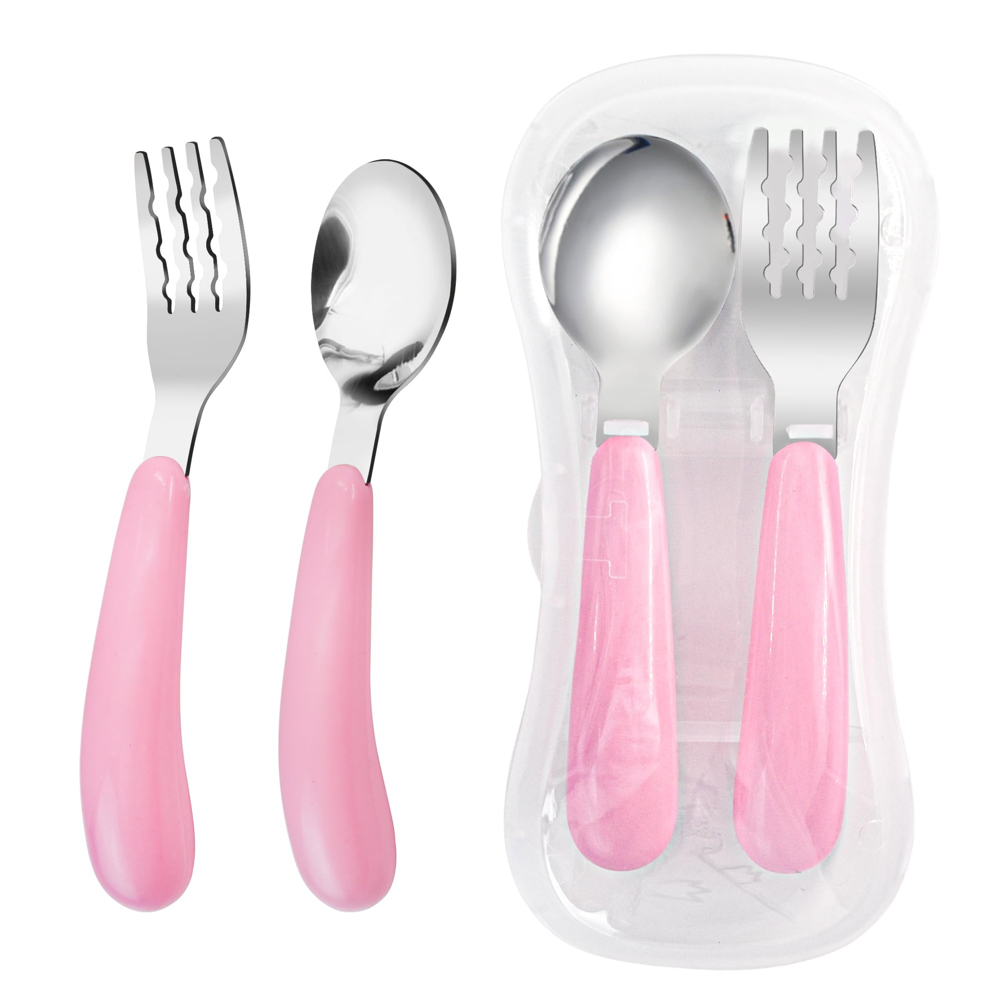 VANRA 2-Piece Toddler Fork and Spoon Set with Travel Case | 18/8 Stainless Steel Kids Utensils | BPA-Free Baby Silverware for Boys & Girls | Perfect for School Lunch Box, Travel, and Home Use (Pink)