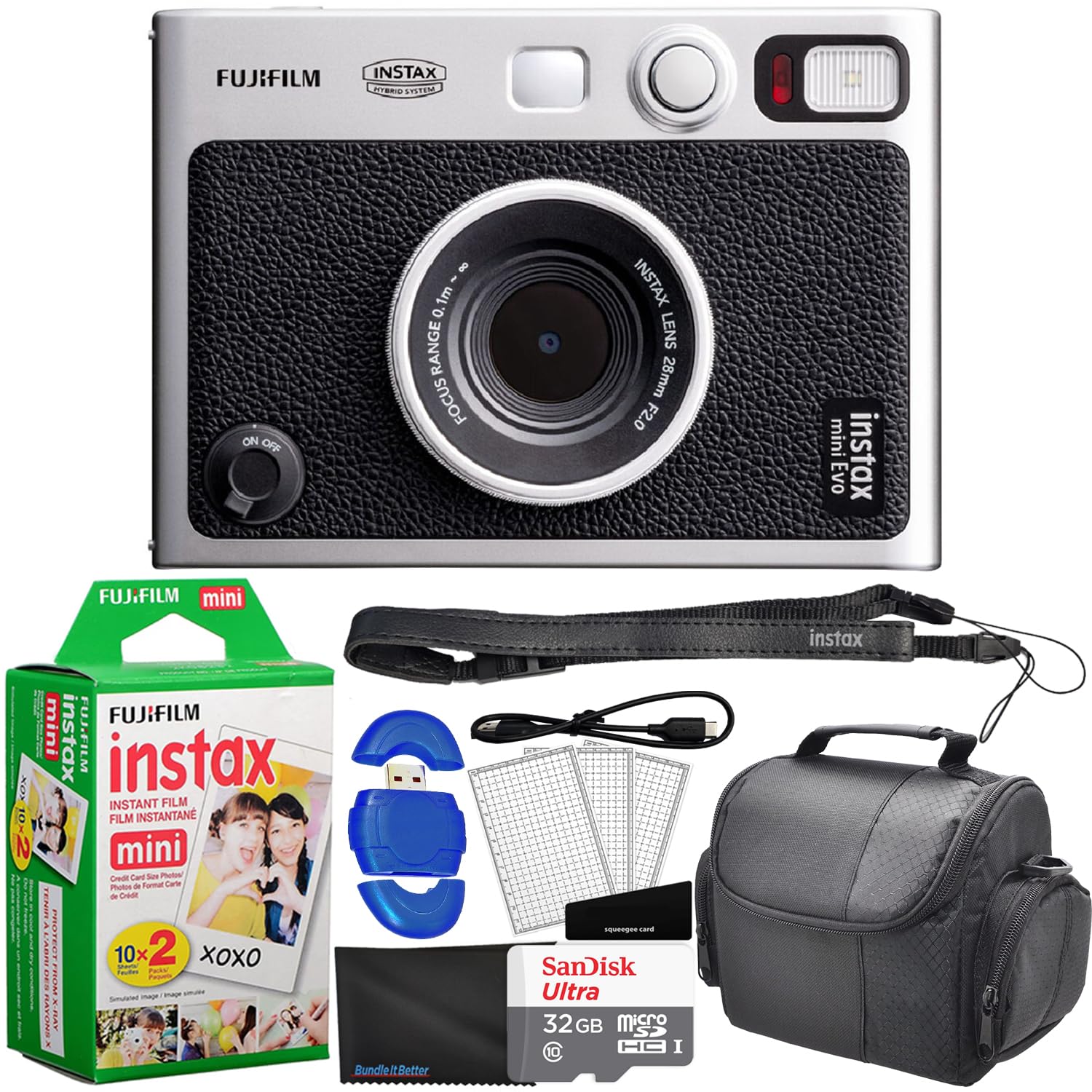 Fujifilm Instax Mini EVO Hybrid Instant Camera Black Bundle with 20 Instax Mini Film Sheets, 32GB SD Card, USB Card Reader, Case & Accessories – Perfect for Travel, Parties & DIY Photo Gifts