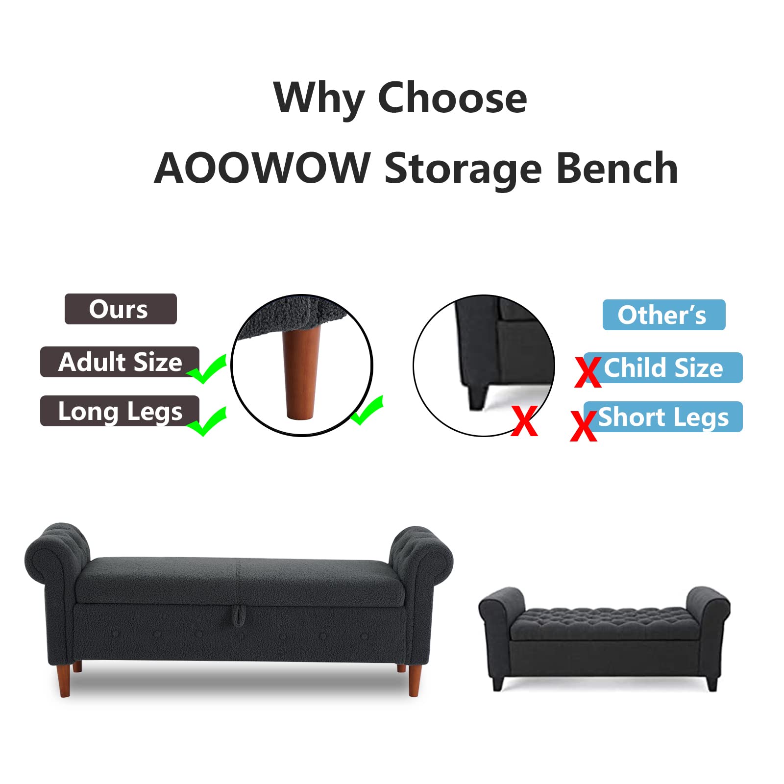 Aoowow Storage Bench with Rolled Arms - Teddy Fabric Ottoman for Bedroom, Living Room, End of Bed - Multi-Functional Seat & Toy Storage (Grey) - Perfect for Window Seating, Fireplace Lounging & Home Organization