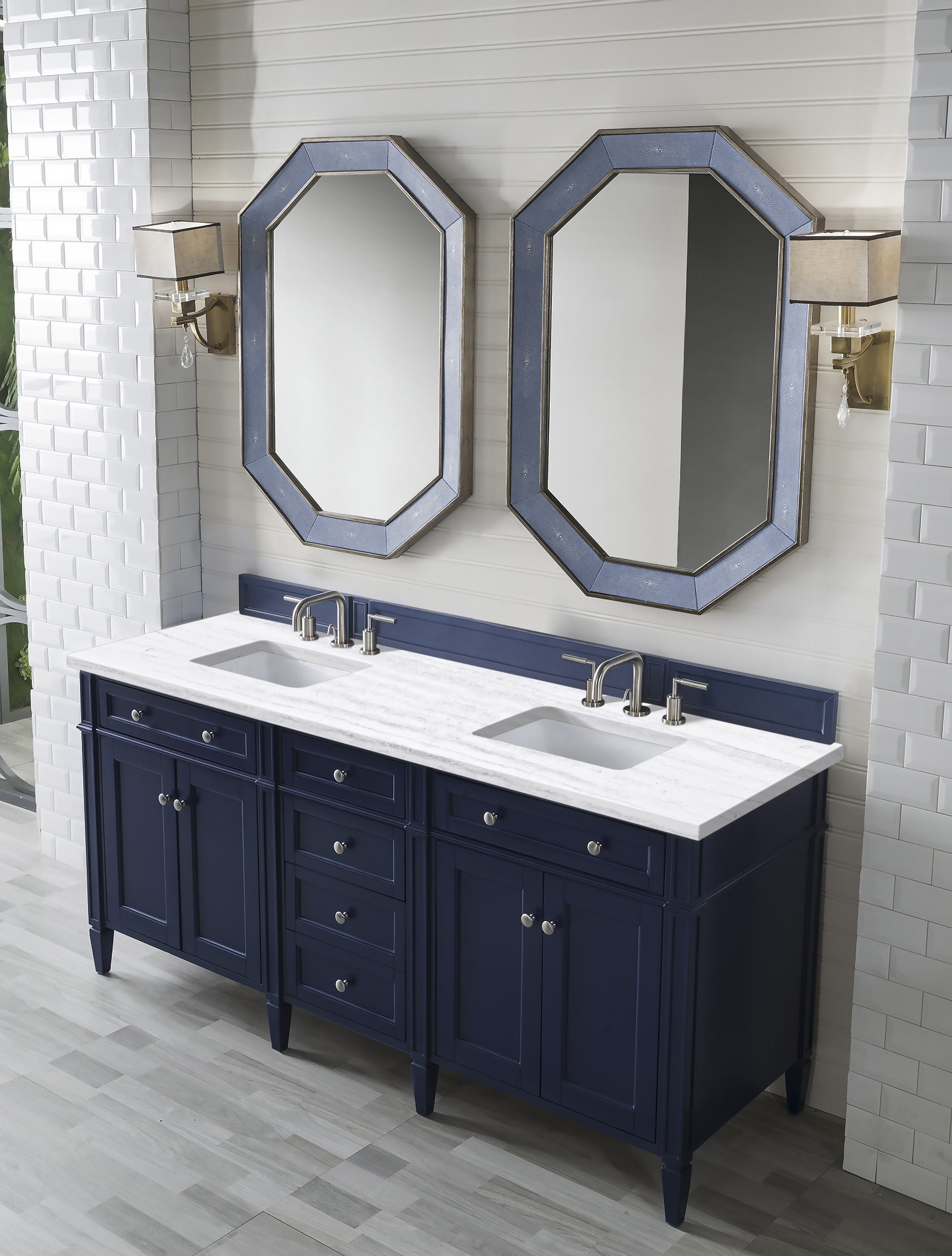 Brittany 72-Inch Victory Blue Double Bathroom Vanity with 3CM Arctic Fall Solid Surface Top – Perfect for Master Bathroom Renovations & Modern Home Decor