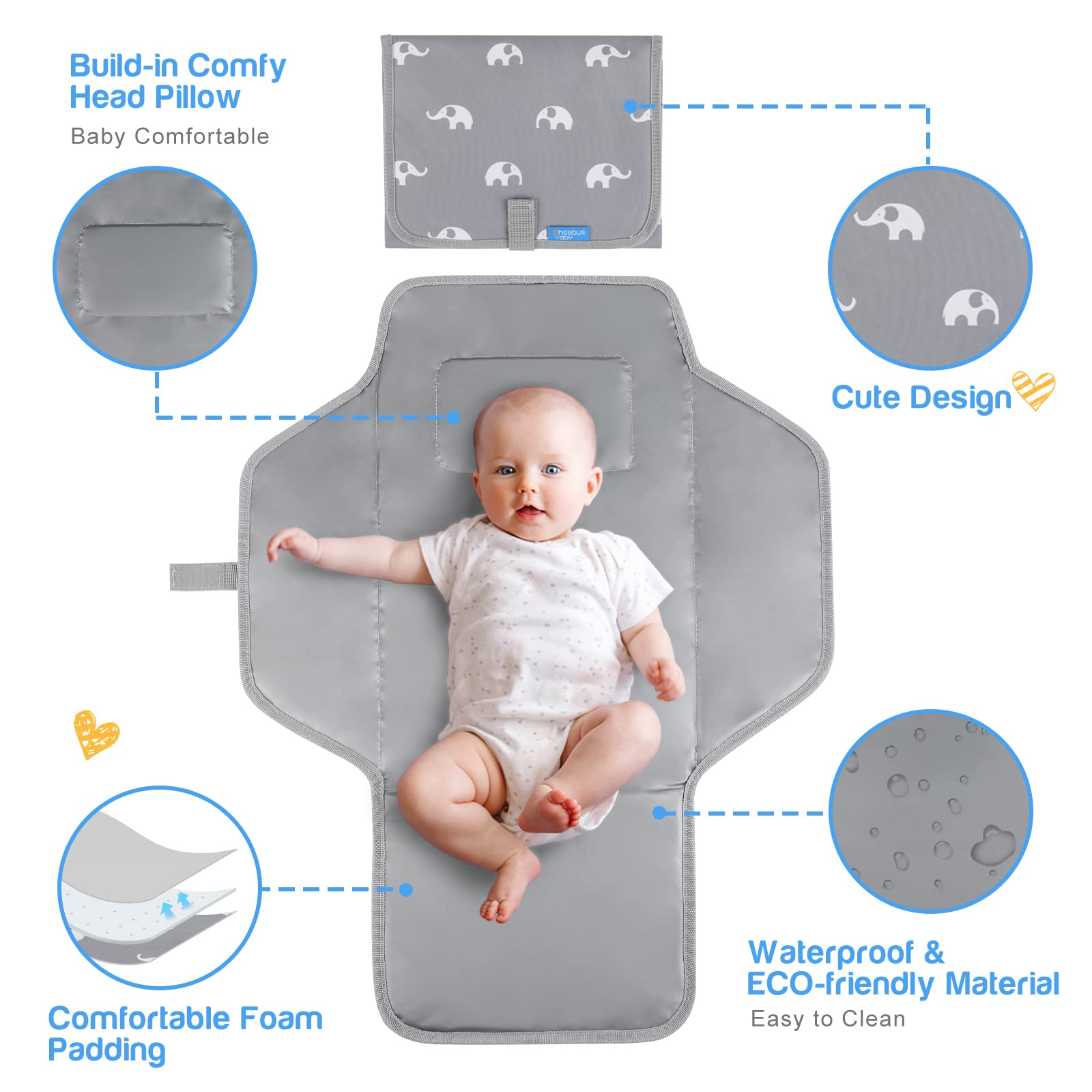 Portable Waterproof Baby Changing Pad - Compact Foldable Travel Diaper Changing Mat with Built-in Pillow - Lightweight Changing Station for On-the-Go Parents (Cute Elephant Design) - Perfect for Airplane, Car & Outdoor Diaper Changes