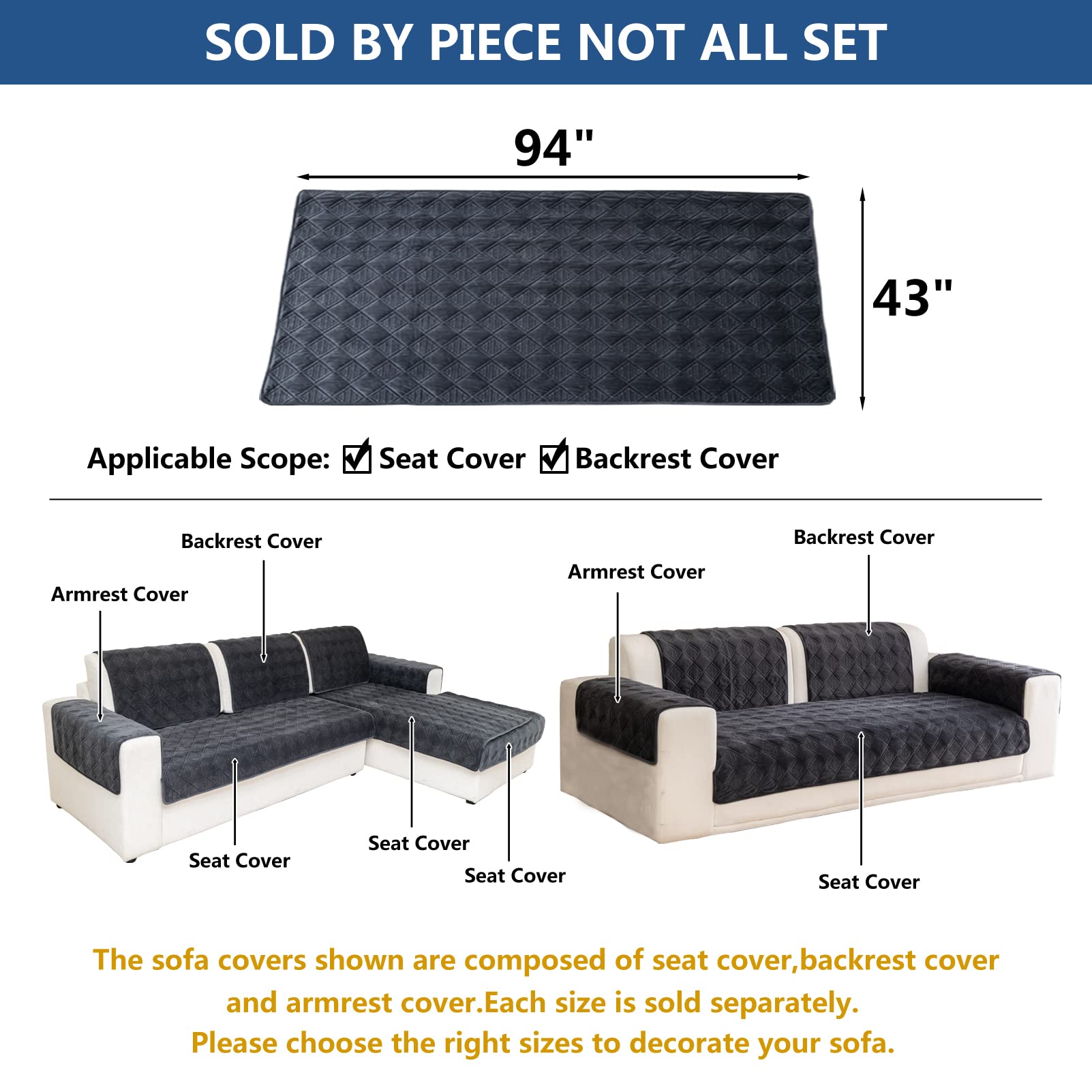 Eismodra L-Shaped Sectional Sofa Slipcover - 43x94 Inches Dark Gray Furniture Protector for Pets, Dogs & Cats - Waterproof Stretchable Couch Cover for 3-Cushion Loveseat & Chaise Lounge - Perfect for Living Room, Family Room & Pet-Friendly Homes (1 Piece)
