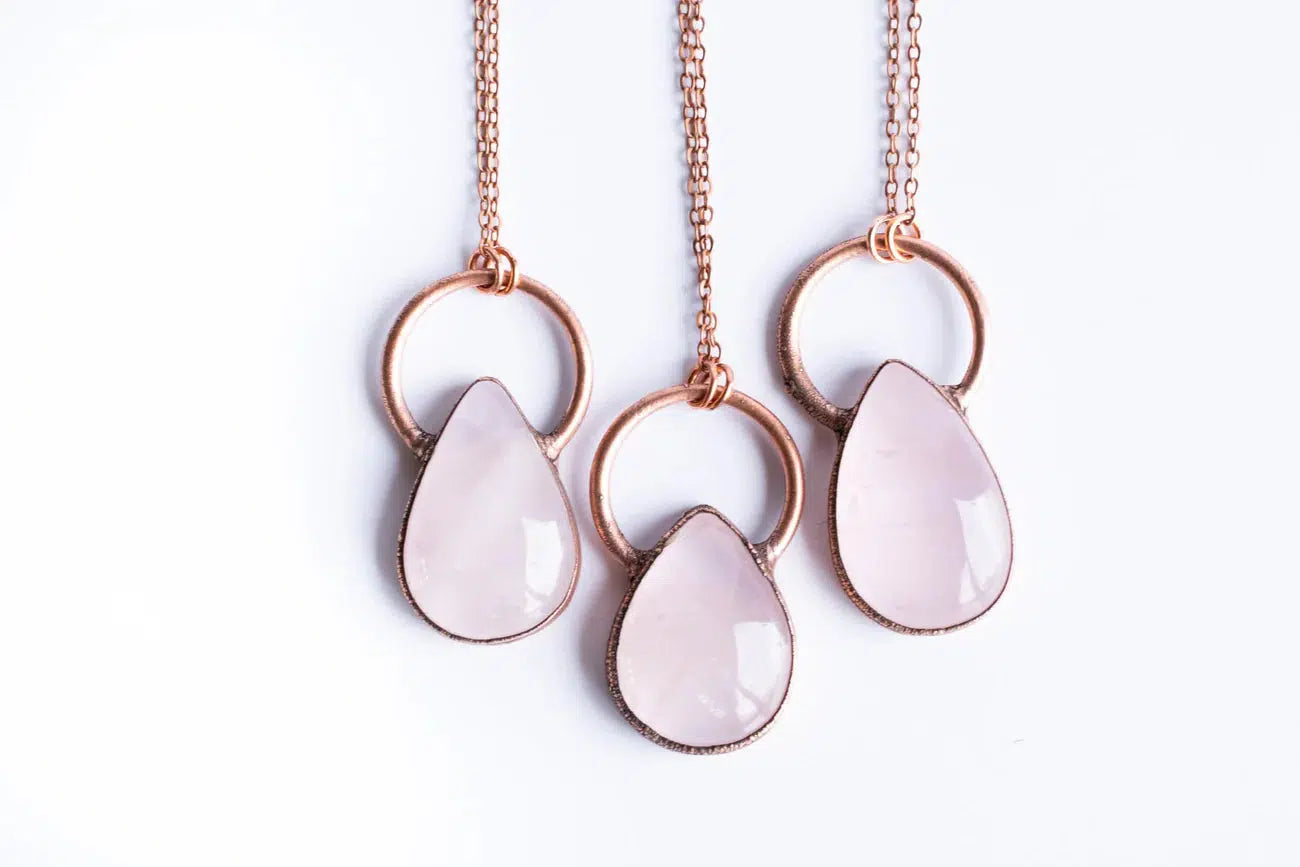 Rose Quartz and Copper Teardrop Necklace - Healing Crystal Jewelry for Women - Perfect for Meditation, Yoga & Spiritual Gifts