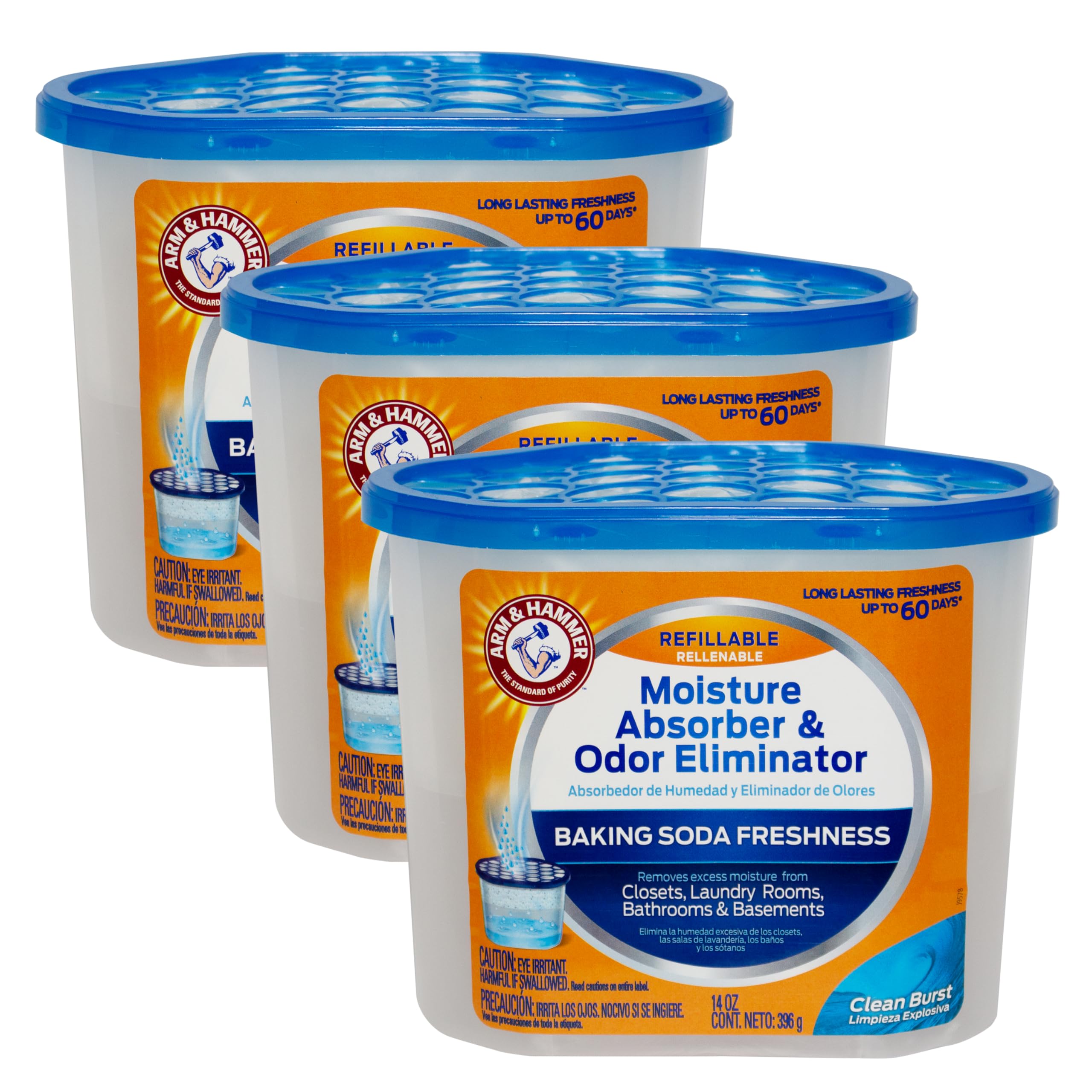 Arm & Hammer Clean Burst Moisture Absorber & Odor Eliminator Tubs - 14oz (3 Pack) - Absorbs Excess Moisture, Neutralizes Musty Odors - Ideal for Closets, Basements, Bathrooms & Laundry Rooms - White