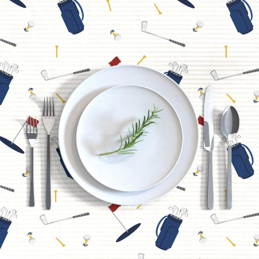 Custom Golf Themed Cotton Sateen Tablecloth 70x144 Inches - Tee Time Navy Tan with Little Arrow & Sports Ball Print | Perfect for Baby Boy Showers, Golf Parties & Dining Decor