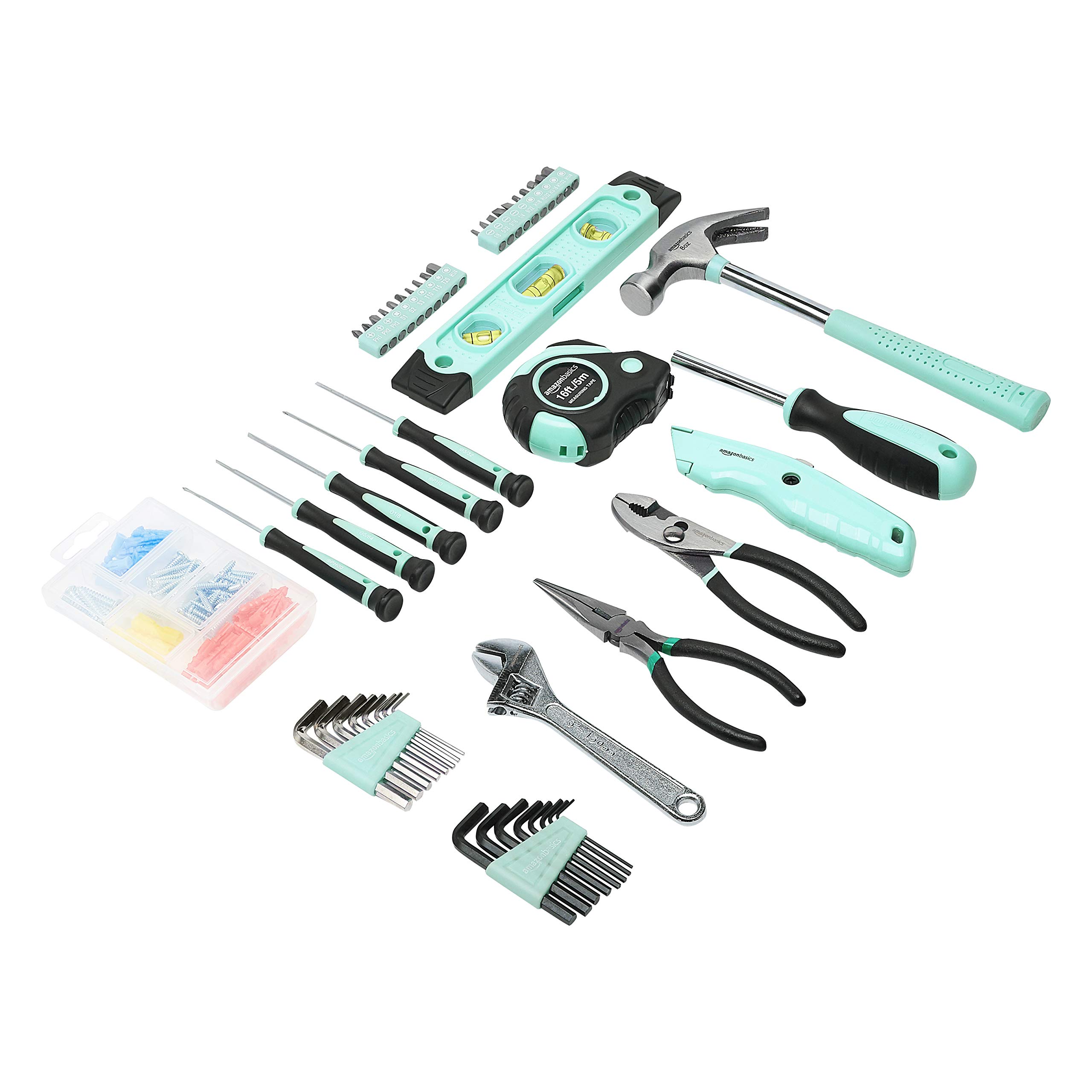 Amazon Basics 150-Piece Household Tool Set with Storage Box - Turquoise Color | Perfect for Home Repairs, DIY Projects & Emergency Fixes