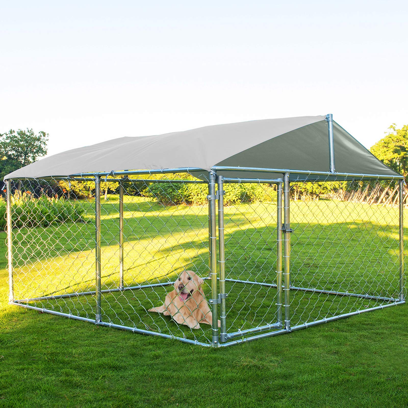 Magic Union Outdoor Metal Dog Kennel - Heavy Duty Pet Cage with Waterproof Roof Cover, Durable Backyard Dog Run Enclosure for Large & Medium Dogs - Perfect for Backyard, Patio & Outdoor Use