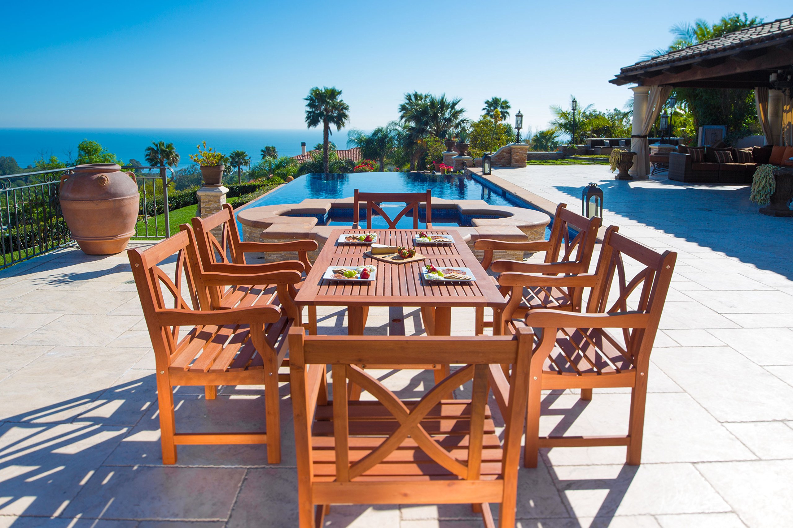 VIFAH Malibu 7-Piece Outdoor Wooden Patio Dining Set with Curved Leg Table - Perfect for Backyard BBQs, Garden Parties & Poolside Entertaining