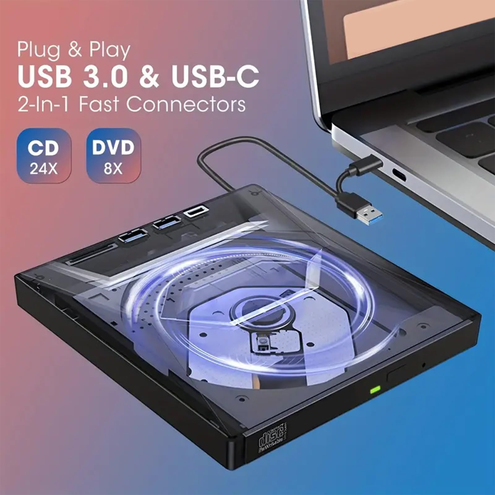 高速数据传输USB-C外置光驱 便携式光盘刻录机 笔记本电脑PC外接CD/DVD读写器 适用于办公、家庭娱乐及数据备份