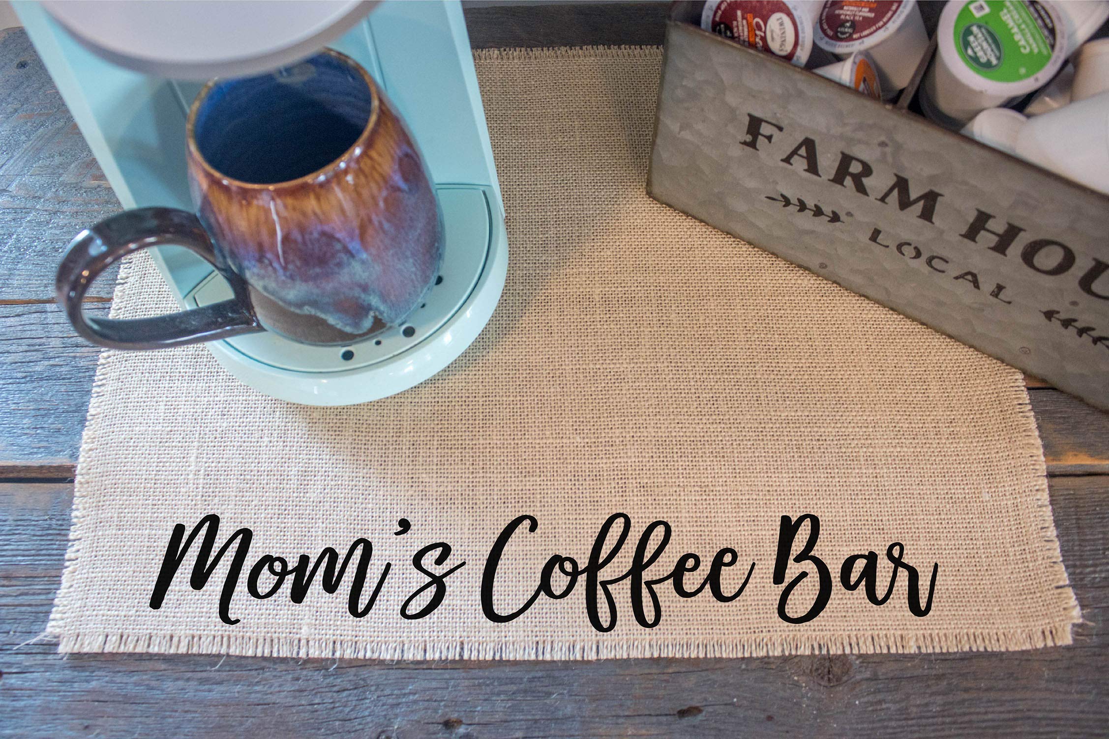Premium Coffee Maker Mat for Drip Coffee Machines & Espresso Makers - Natural Burlap Coffee Bar Placemat with Non-Slip Backing | Perfect for Coffee Stations, Kitchen Countertops & Office Break Rooms | Made in USA (Mom's Coffee Bar)