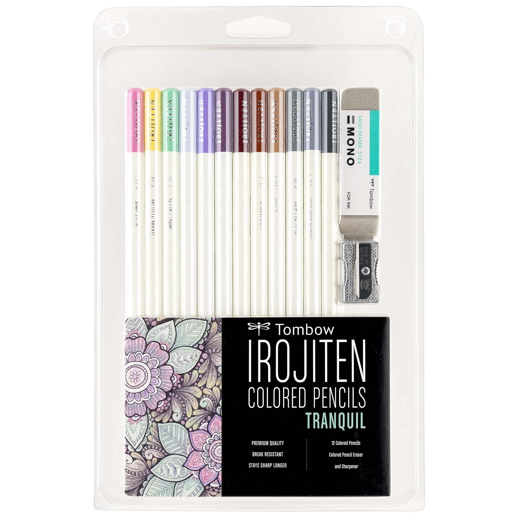 Tombow 51529 Irojiten Colored Pencil Set - Tranquil, 12 Premium Artist Pencils with Sharpener & Eraser for Adult Coloring Books, Sketching & Art Projects