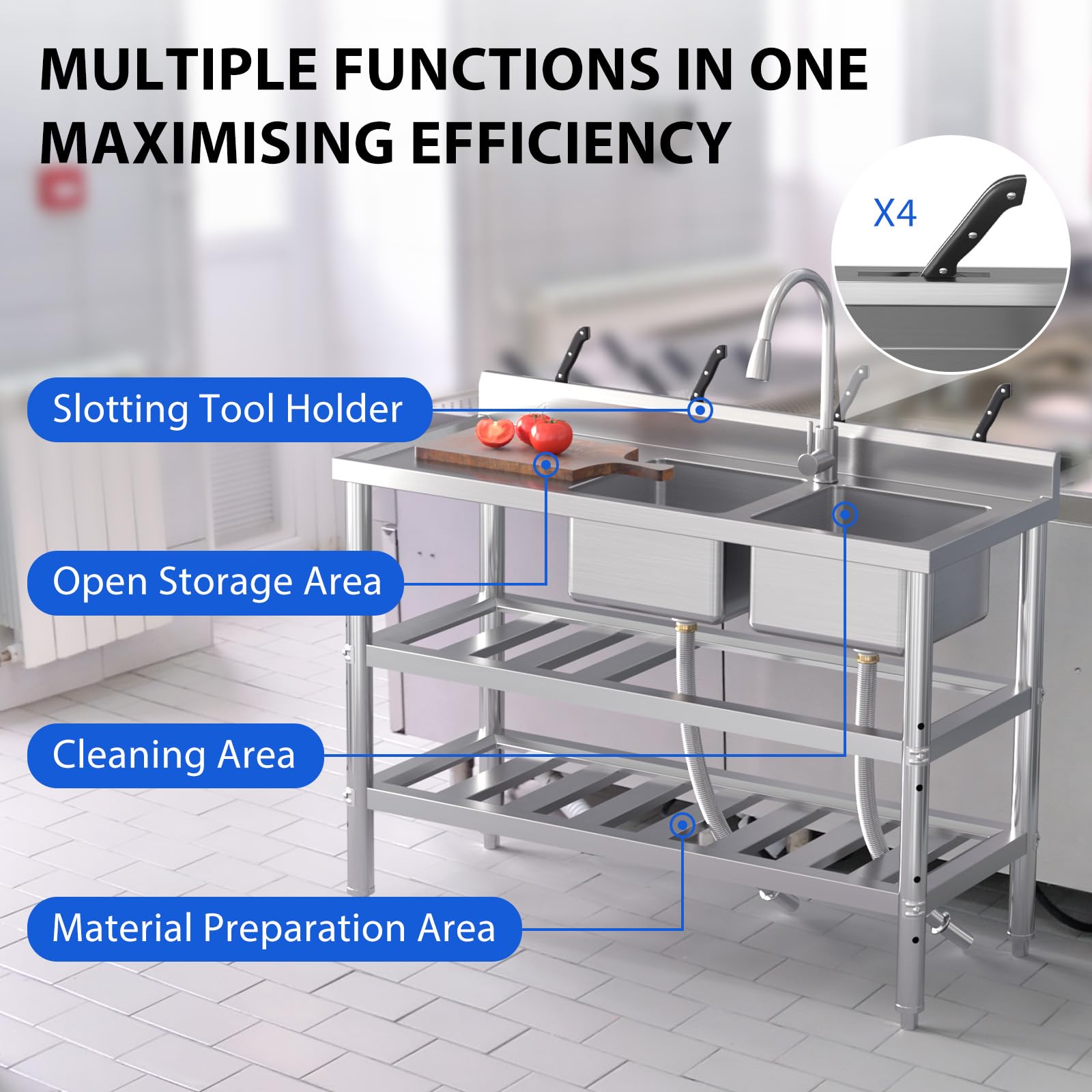 47in Stainless Steel Double Bowl Laundry Sink - Heavy Duty Freestanding Commercial Kitchen Sink Set for Restaurant, Bar, Garage & Backyard | Durable Utility Sink for Washing Clothes, Food Prep & Outdoor Cleaning
