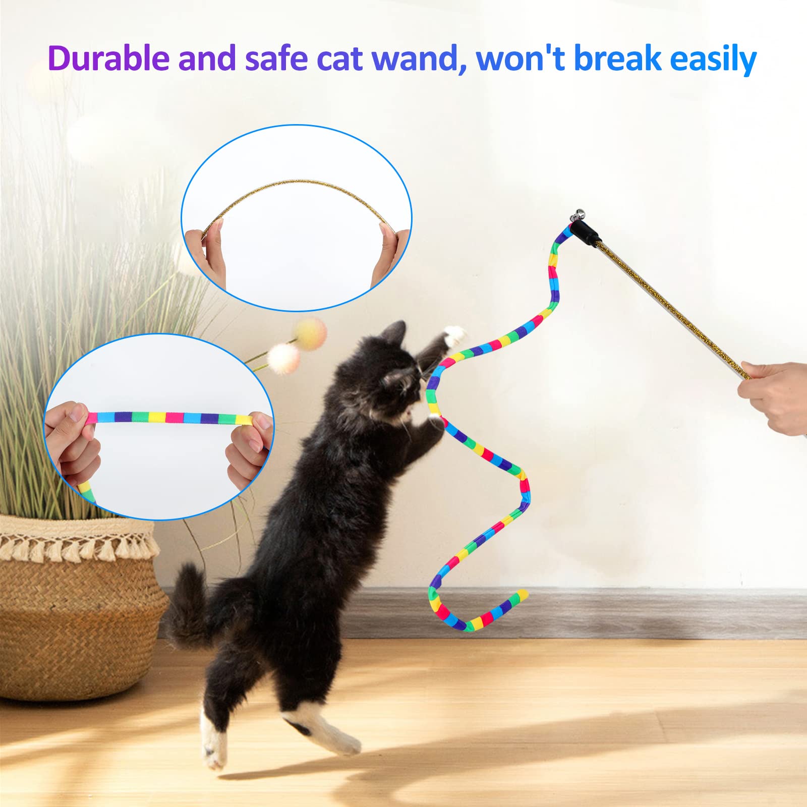 **TUSATIY 3-Pack Cat Toys Set - Interactive Cat Wand with Fuzzy Balls, Bells & Springs - Rainbow Color Toys for Indoor Cats & Kittens - Perfect for Playtime, Exercise & Bonding**