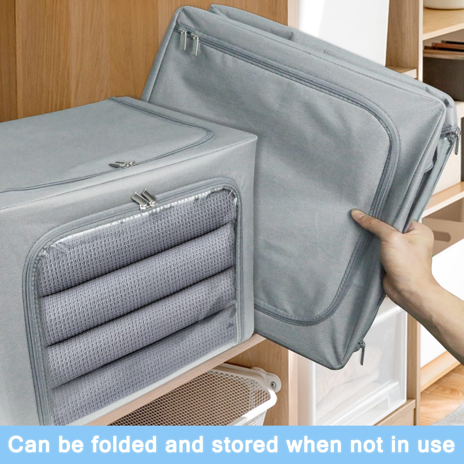Foldable Stackable Clothes Storage Bins - 3 Pack Medium (40L) Grey - Sturdy Frame Organizer for Seasonal Clothing, Blankets, Towels, Bed Sheets & Toys - Perfect for Closet, Shelf & Home Organization