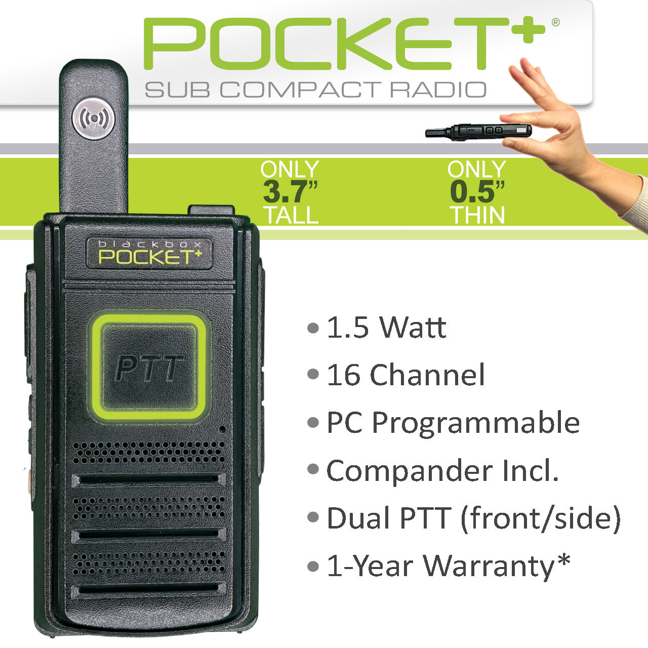 Klein Blackbox Pocket+ UHF Radio with Motorola Connector - 16 Channel Walkie Talkie for Outdoor Adventures, Construction Sites & Emergency Communication