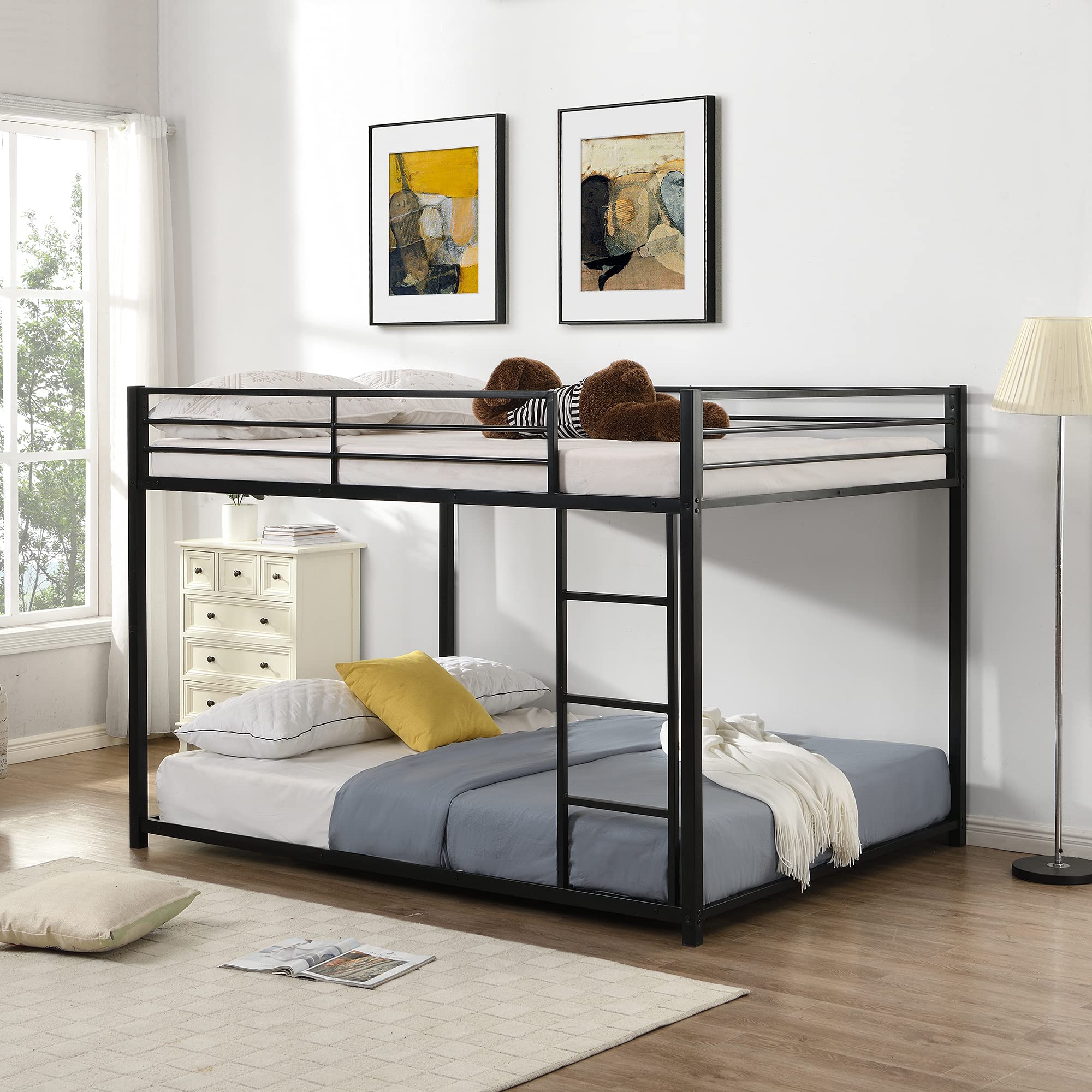 Full Over Full Metal Bunk Bed - Heavy Duty Low Profile Bunk Bed Frame with Safety Guard Rails & Flat Ladder for Kids, Teens, Adults (Black) | Perfect for Small Rooms, Dorms, Guest Rooms & Space-Saving Solutions