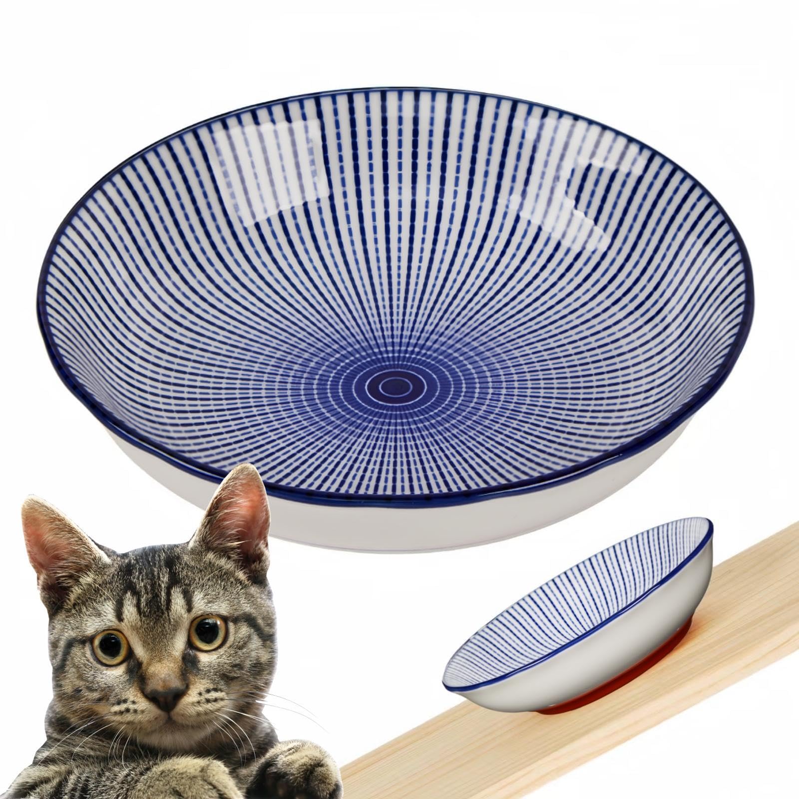 Anti-Slip Ceramic Cat Bowl Set - 5.5 Inch Shallow Pet Food Dish with Silicone Base for Whisker Fatigue Relief | Cute Wide Flat Cat Plates for Indoor Kittens | Perfect for Mealtime Comfort & Noise Reduction in Homes
