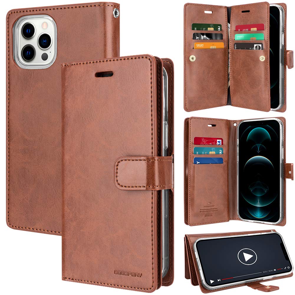 Goospery iPhone 12 Pro Max Leather Wallet Case with Card Holder - Premium Brown Genuine Leather Phone Cover for 6.7