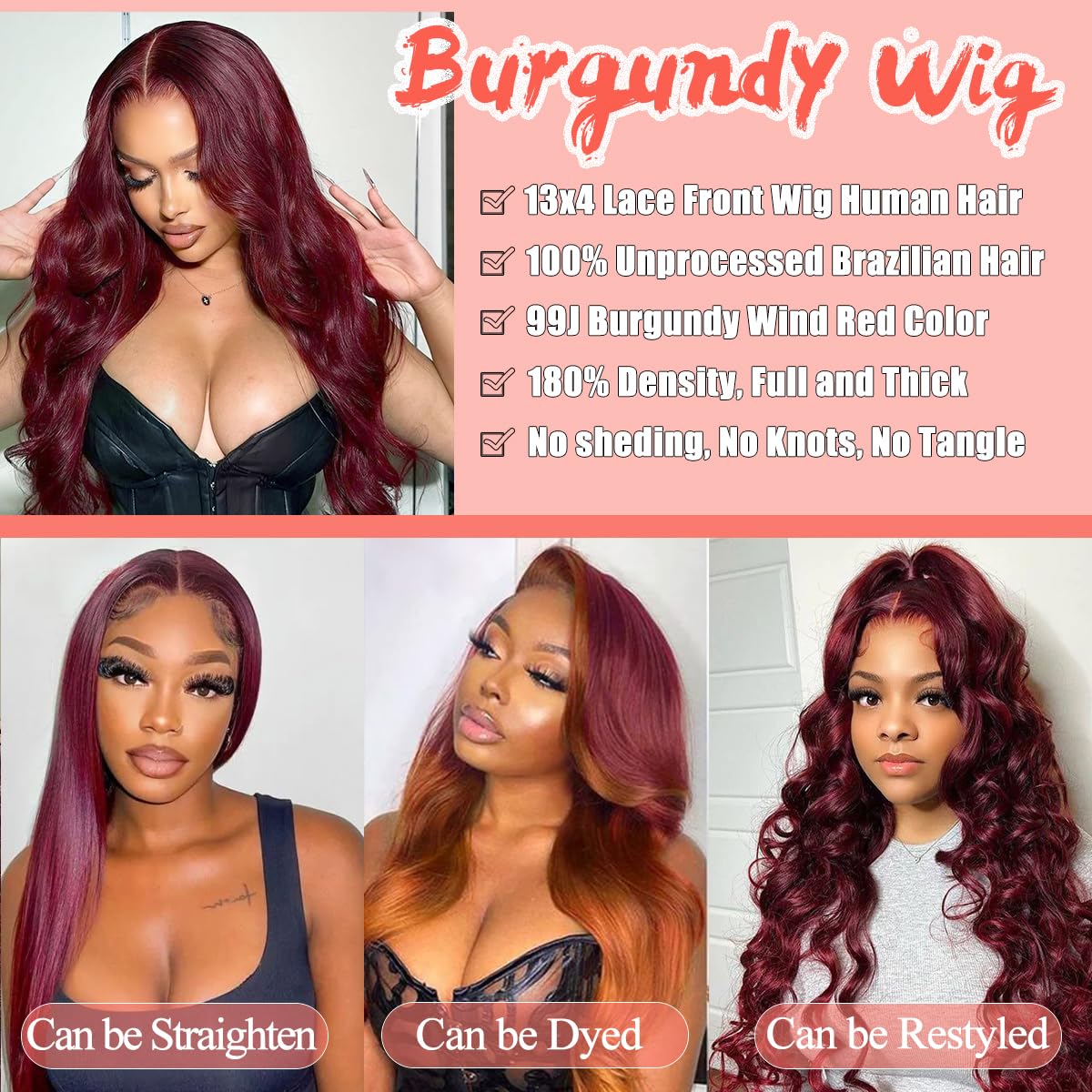 99J Burgundy 28 Inch Body Wave Lace Front Wig for Women - 13x4 Transparent Lace Human Hair Wig with Pre-Plucked Hairline & Baby Hair - 180% Density Red Human Hair Wig for Everyday Wear & Special Occasions